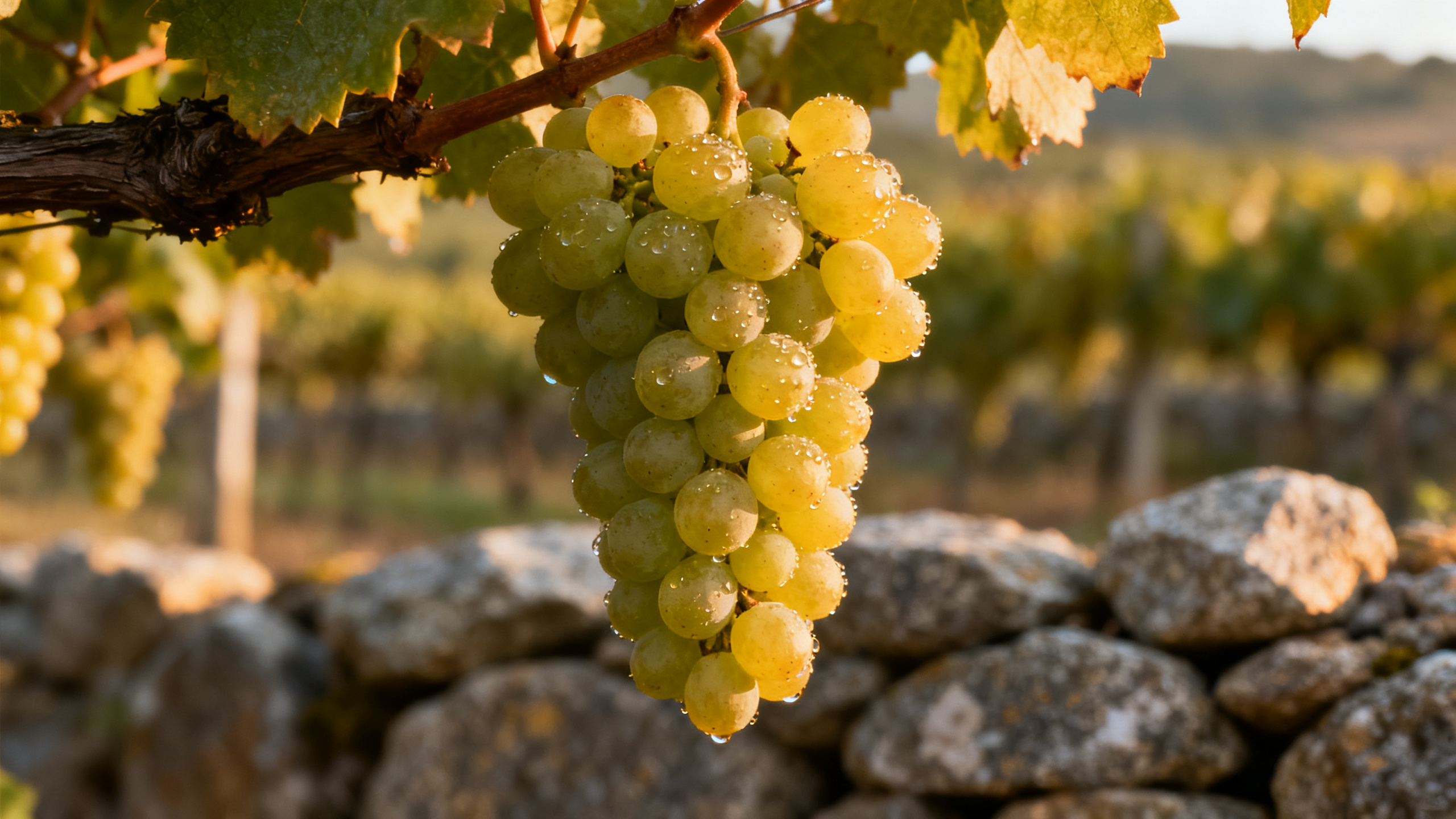 Grappe Albariño macro — baies dorées-verts à pruine épaisse, terroir granitique galicien