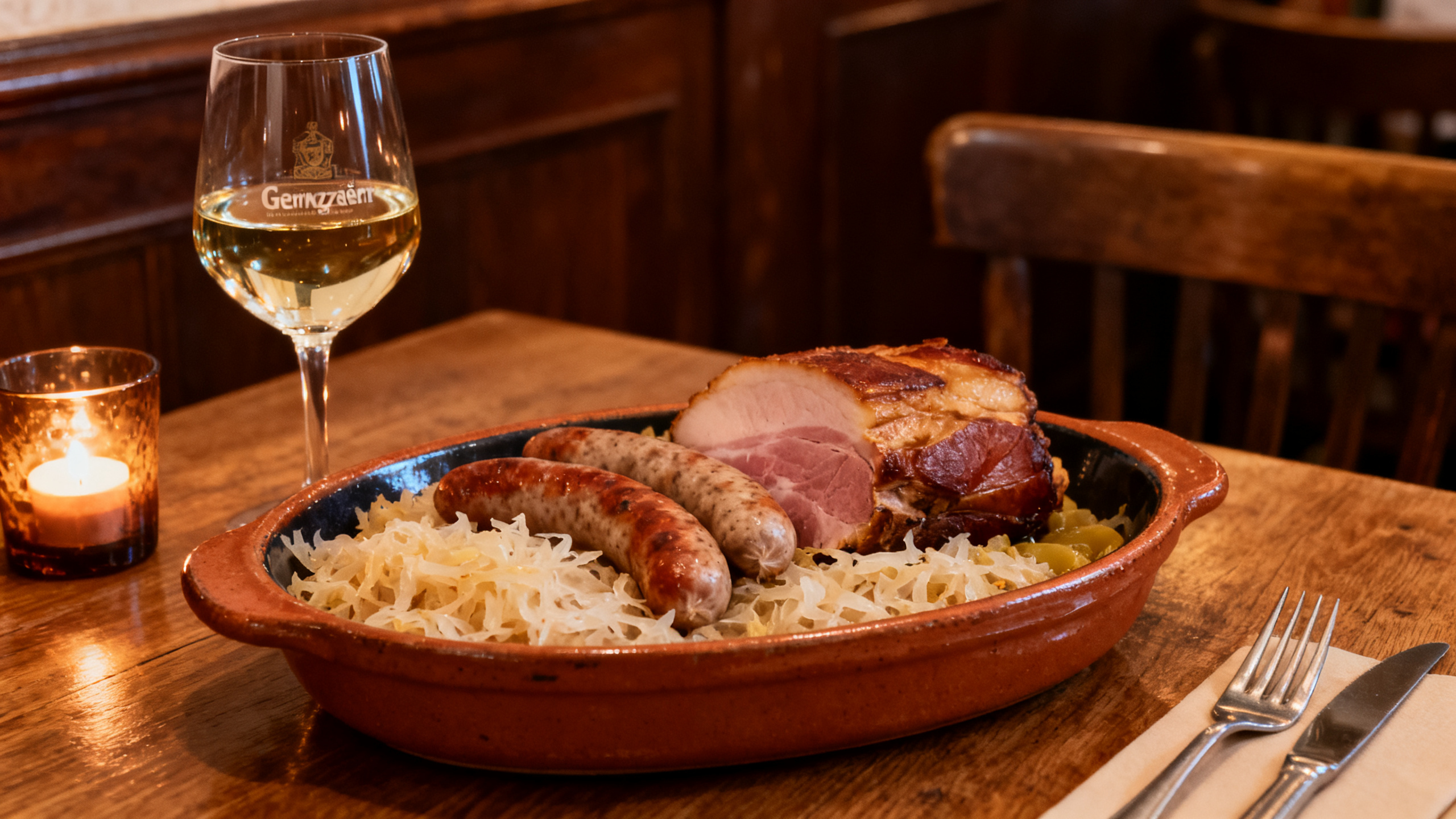 Choucroute garnie alsacienne avec verre de Gewurztraminer