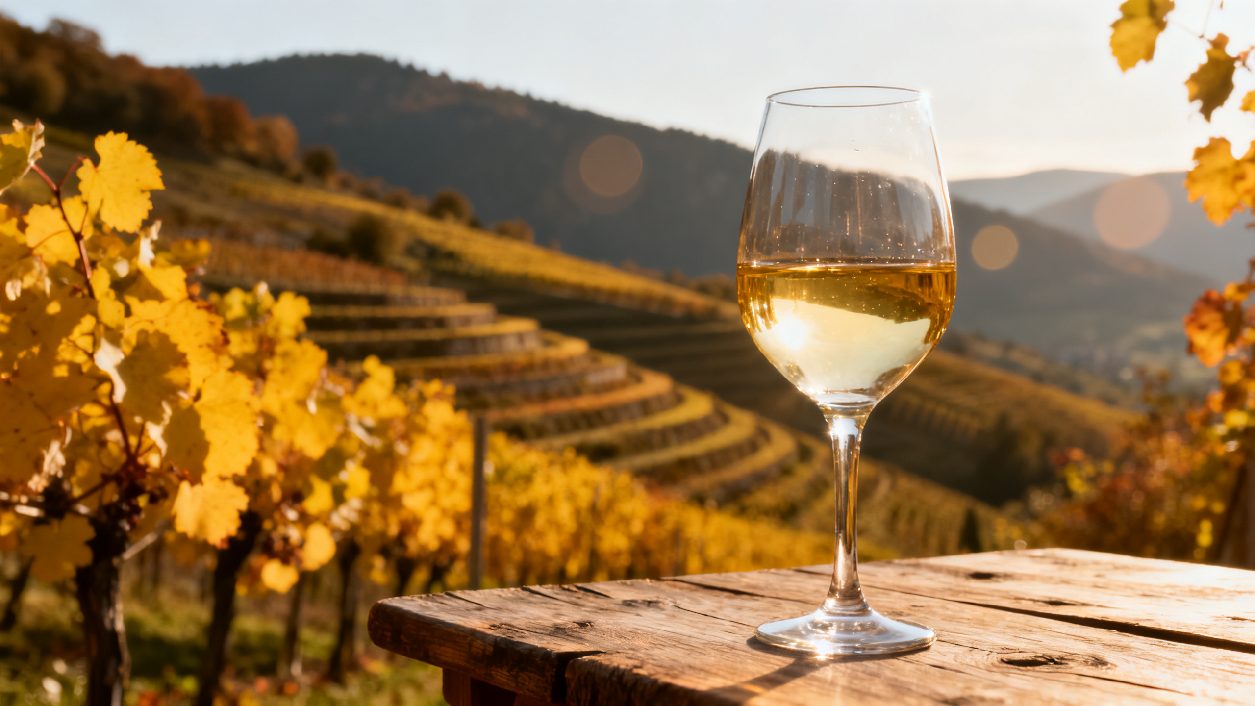 Verre de Riesling d'Alsace avec panorama de vignes en automne