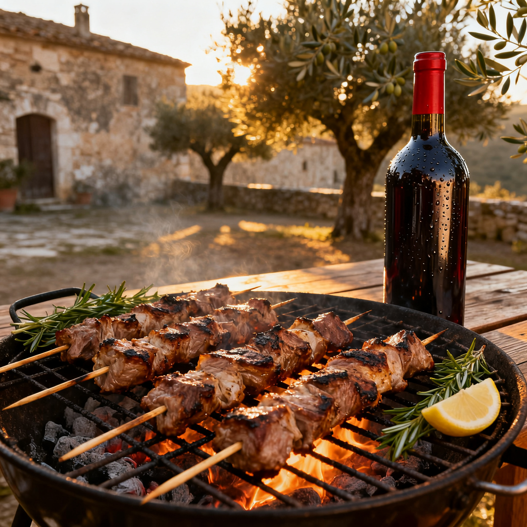 Arrosticini brochettes d'agneau typiques de l'Abruzzo sur un gril, accord parfait avec le Montepulciano d'Abruzzo