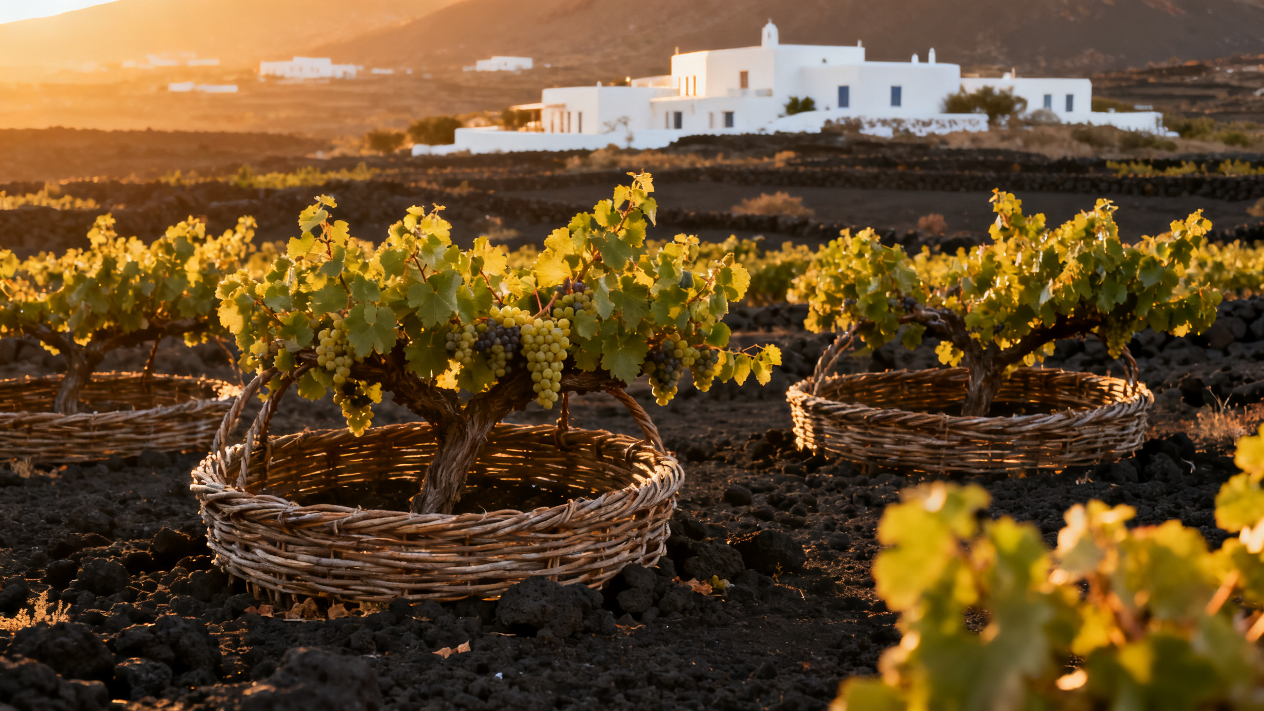 Vignoble Assyrtiko à Santorin — kouloura sur sol volcanique