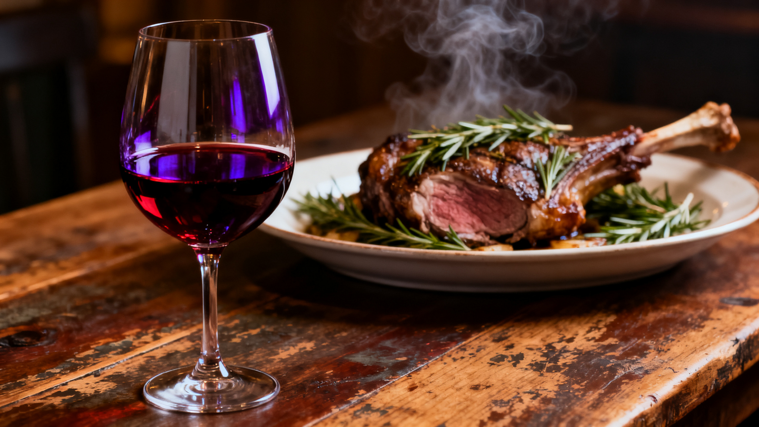Verre de Shiraz Barossa Valley servi avec un plat d'agneau rôti aux herbes