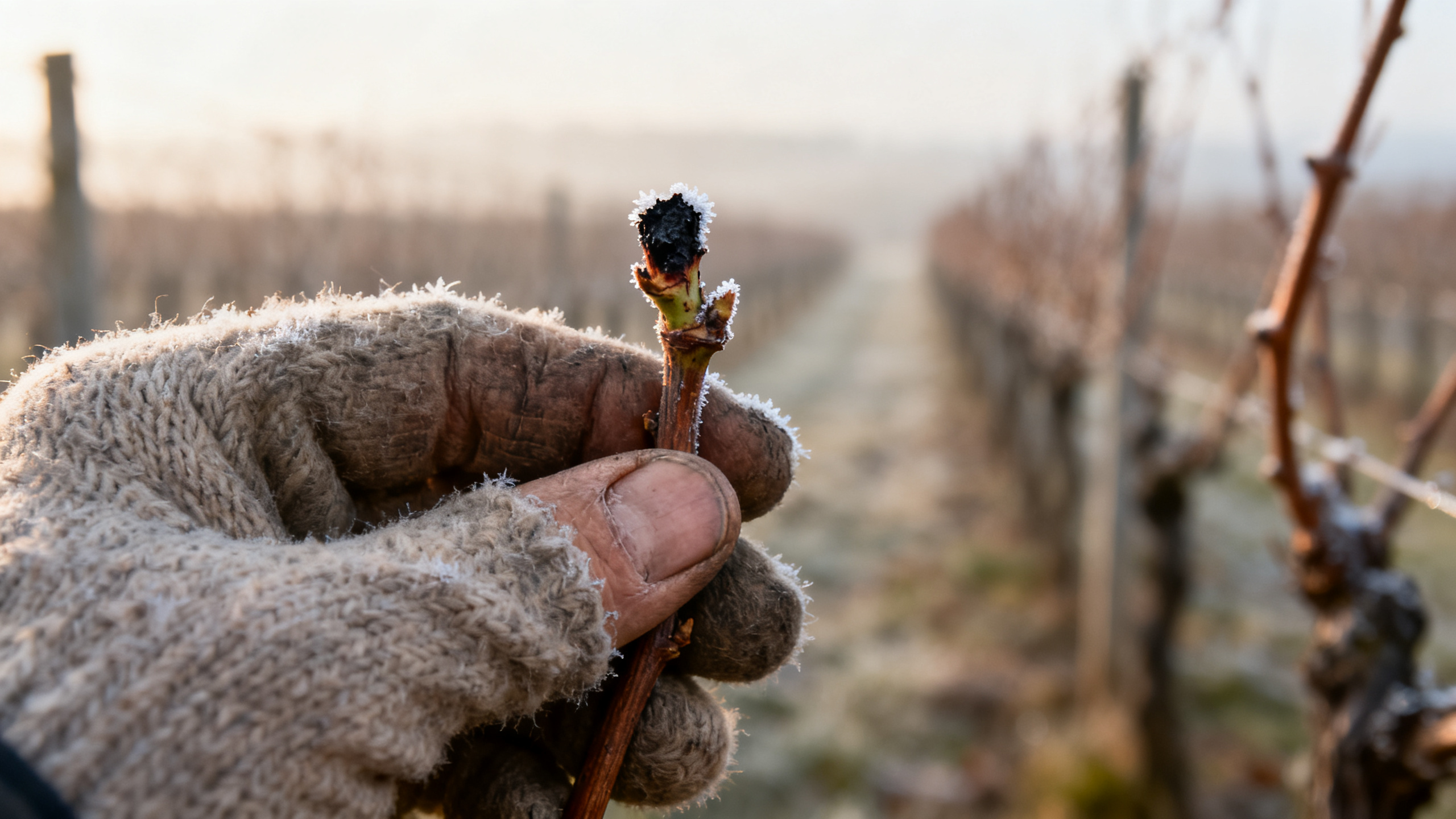Main d'un vigneron de Champagne tenant un bourgeon de vigne abîmé par le gel printanier, lumière douce du matin, rangées de vignes floues à l'arrière-plan