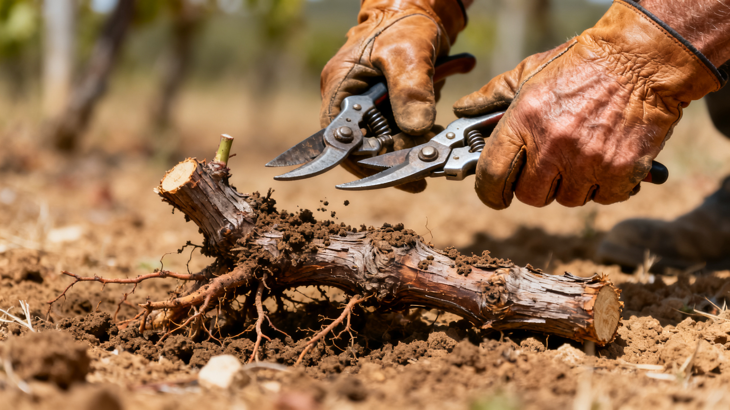 Mains de viticulteur tenant un sécateur au-dessus d'un cep de vigne arraché