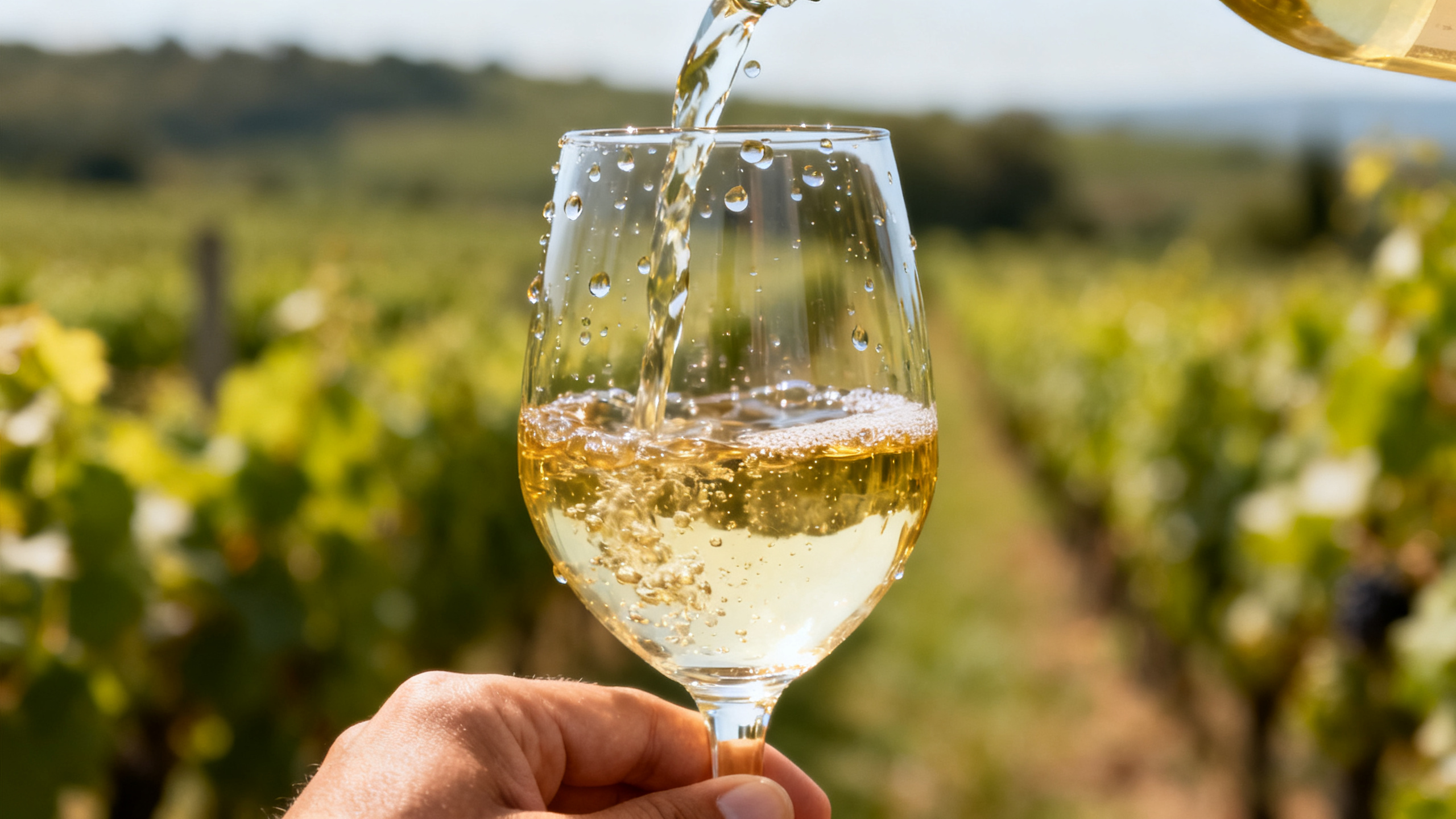 Service d'un verre de vin blanc désalcoolisé devant un vignoble