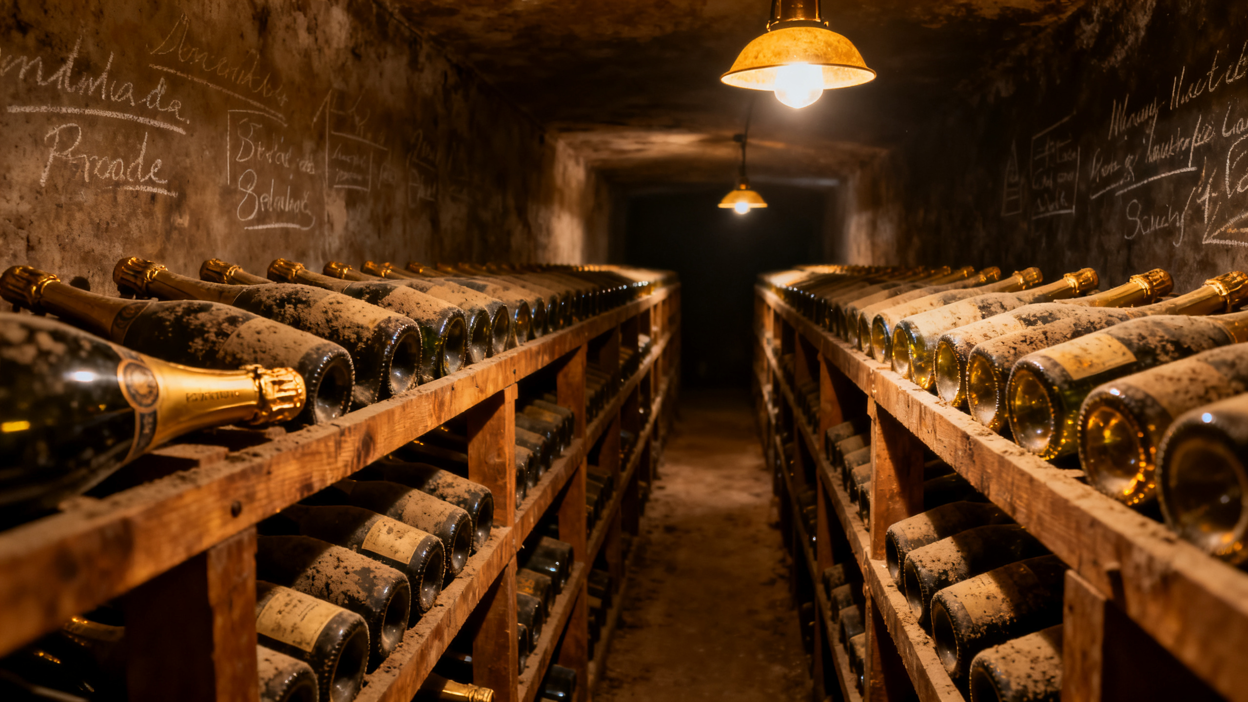 Cave de Champagne avec longues rangées de bouteilles dépoussiérées posées horizontalement sur des casiers en bois, lumière chaude ambrée et perspective profonde