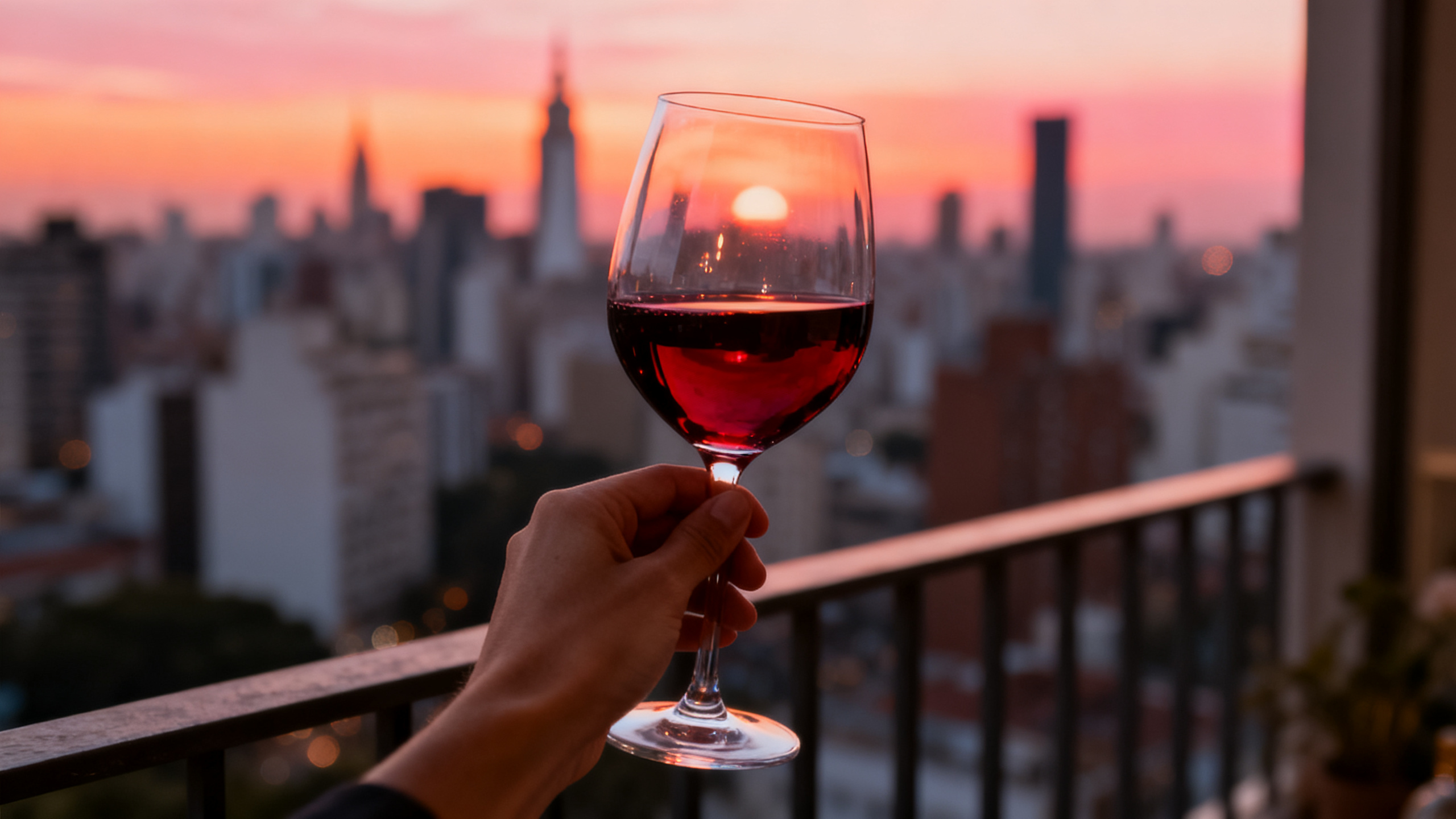 Verre de vin levé sur skyline sud-américaine au coucher du soleil
