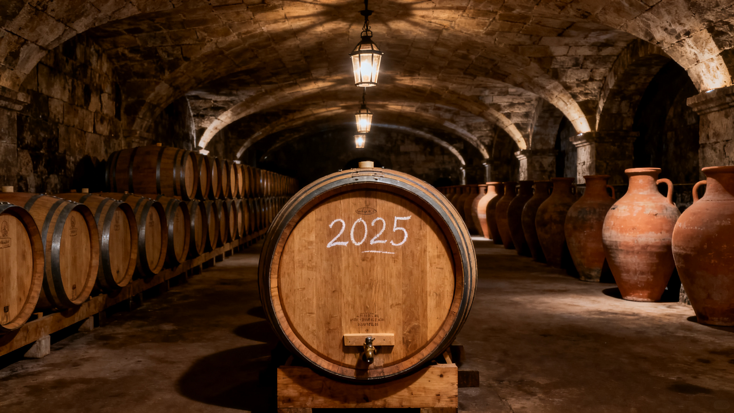 Chai biodynamique du Médoc avec barriques de chêne neuf et amphores en terre cuite pour élevage du millésime 2025