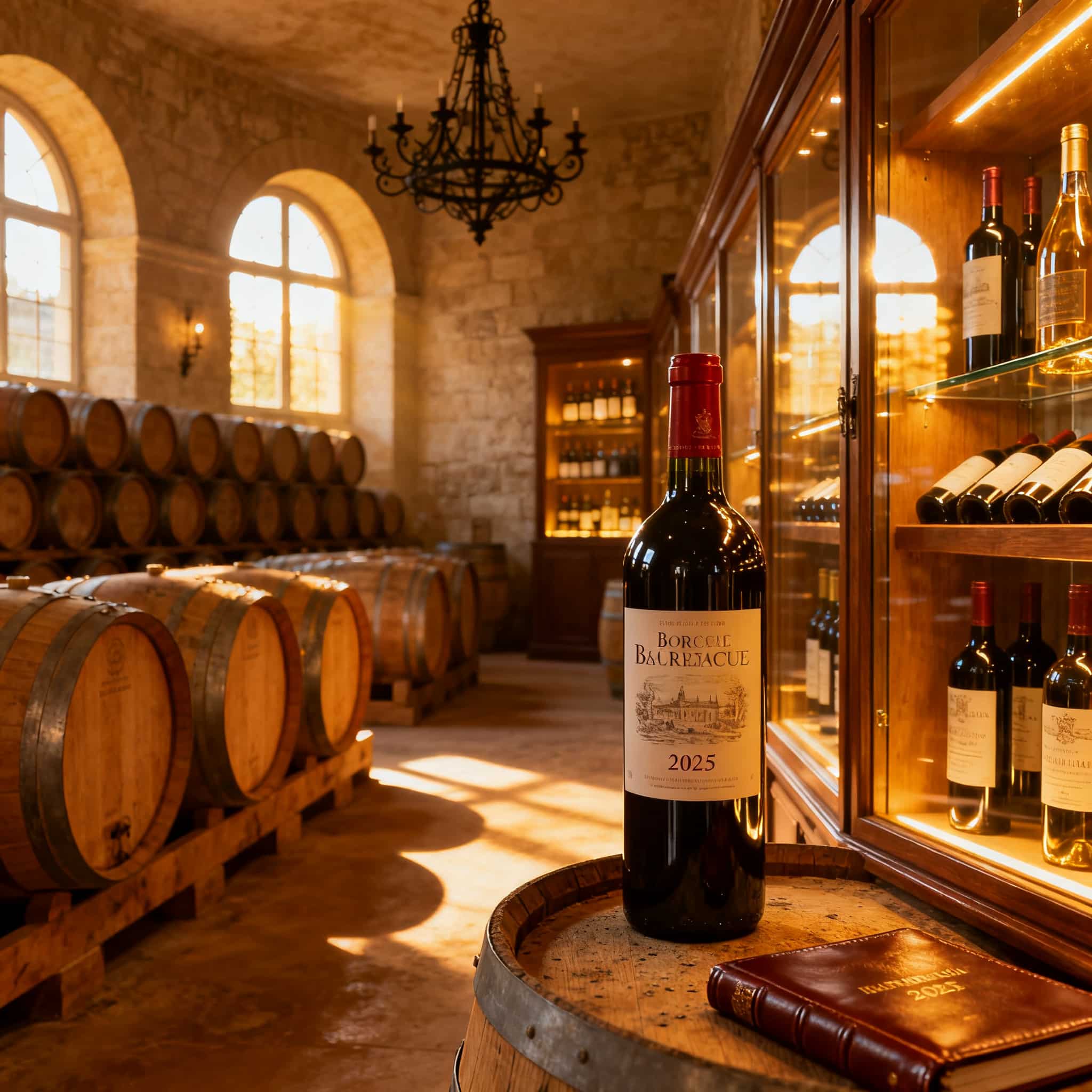 Cave à vin de Bordeaux avec fûts de chêne et bouteilles du millésime 2025