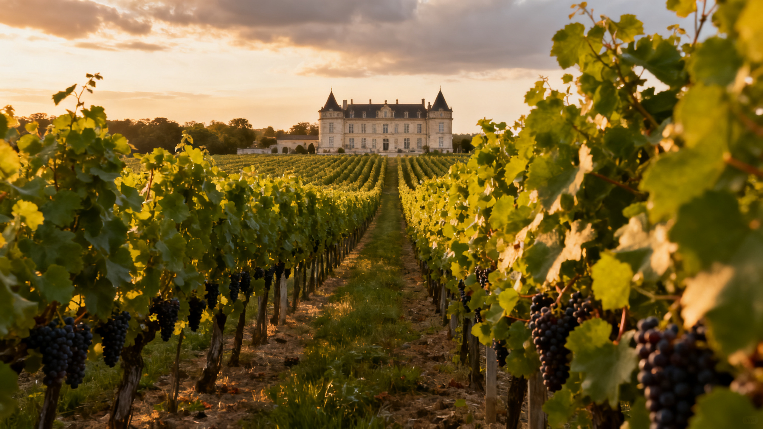 Vignoble bordelais en fin mai, rangées de vignes vertes, château en arrière-plan