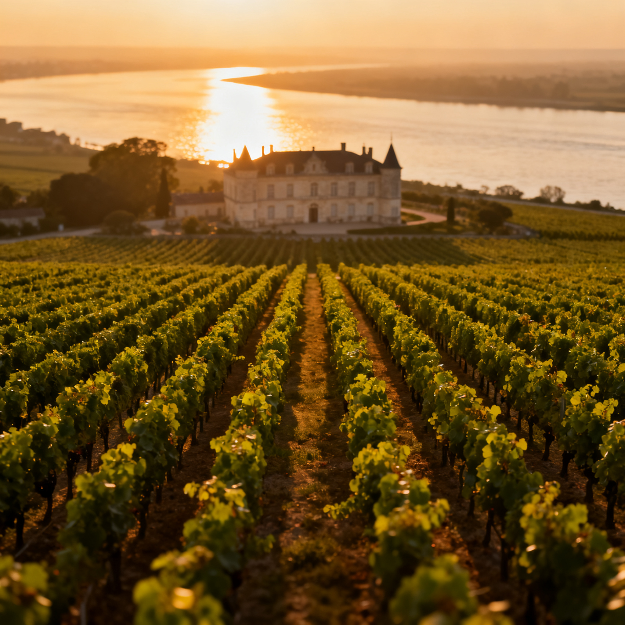 vignobles bordeaux primeurs 2025 rangées de vignes coucher de soleil