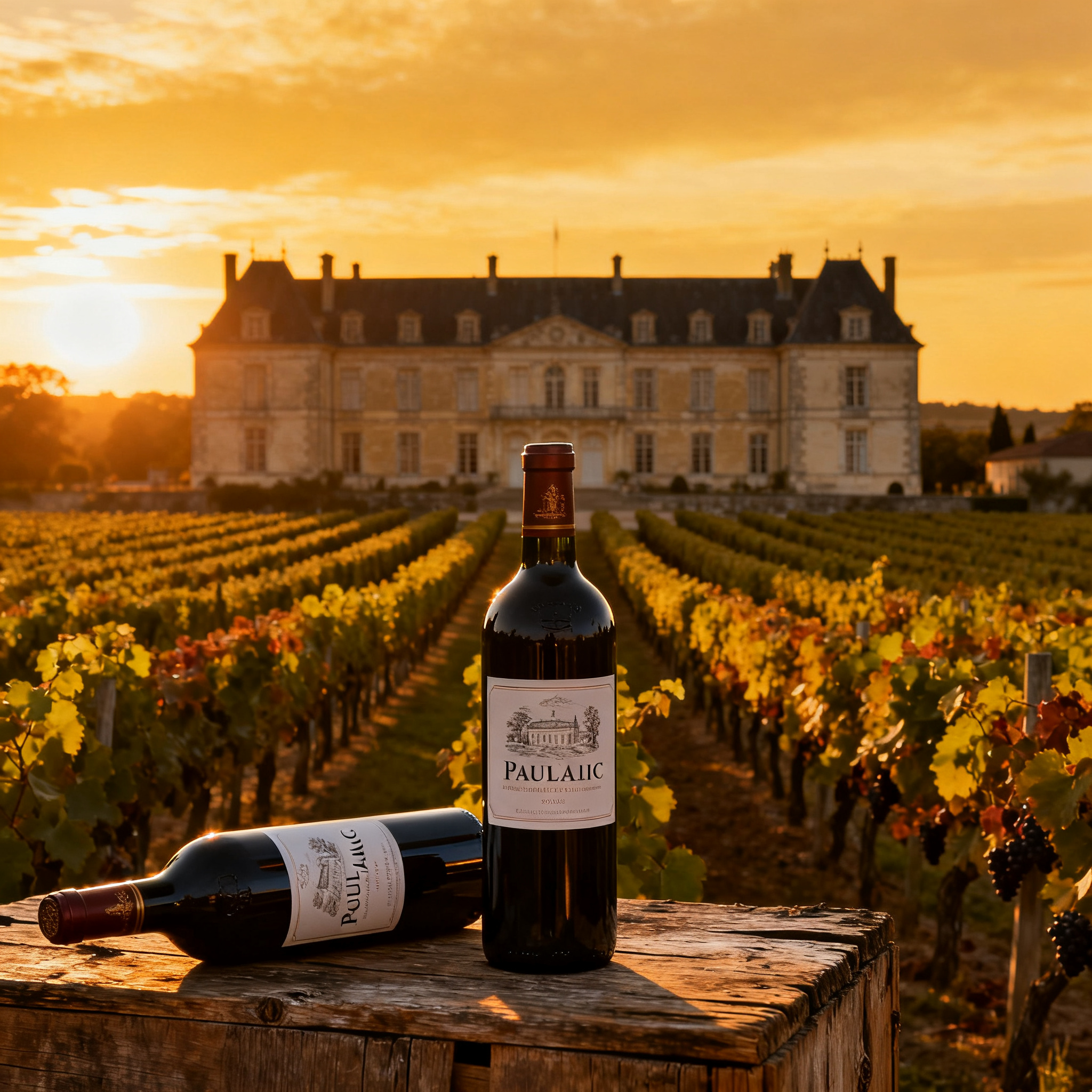Château bordelais au coucher du soleil, primeurs 2025, bouteilles Pauillac