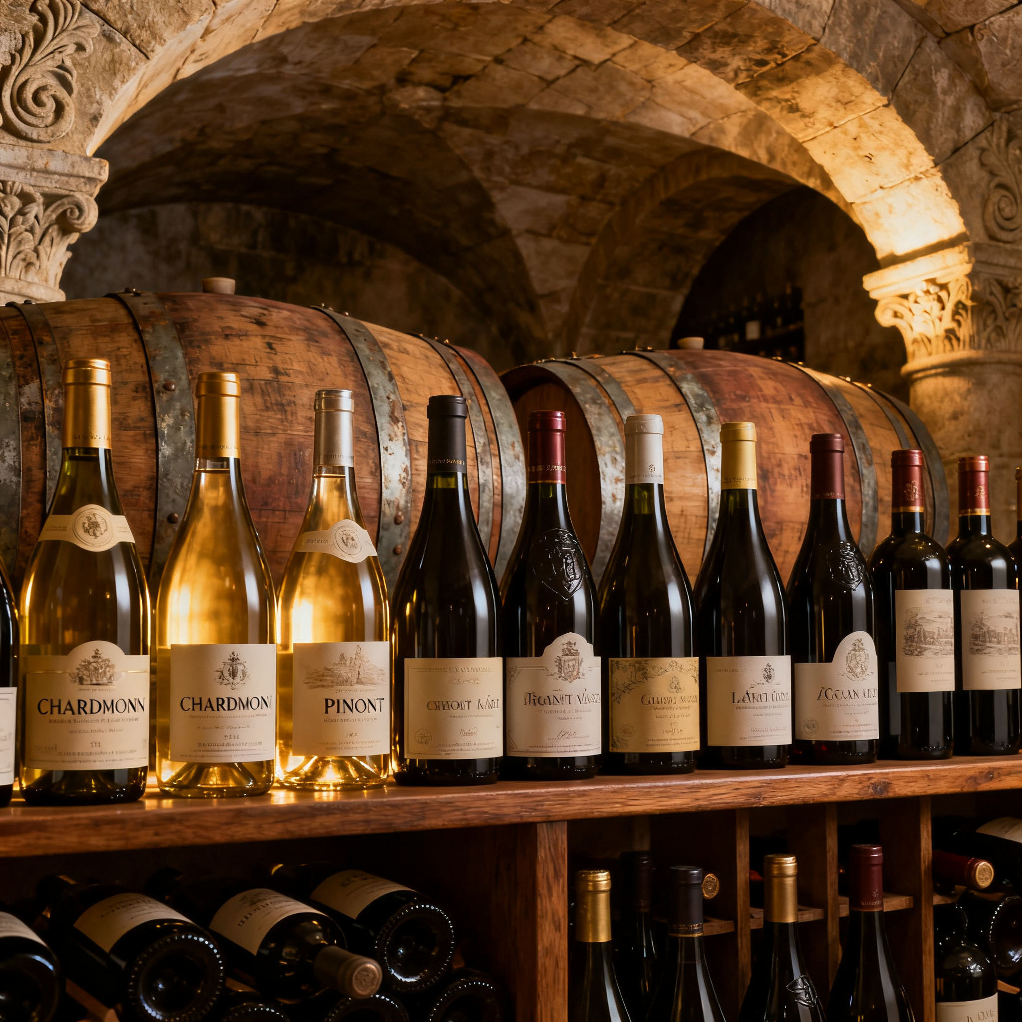 Cave voûtée Bourgogne avec bouteilles de Chardonnay et Pinot Noir premium