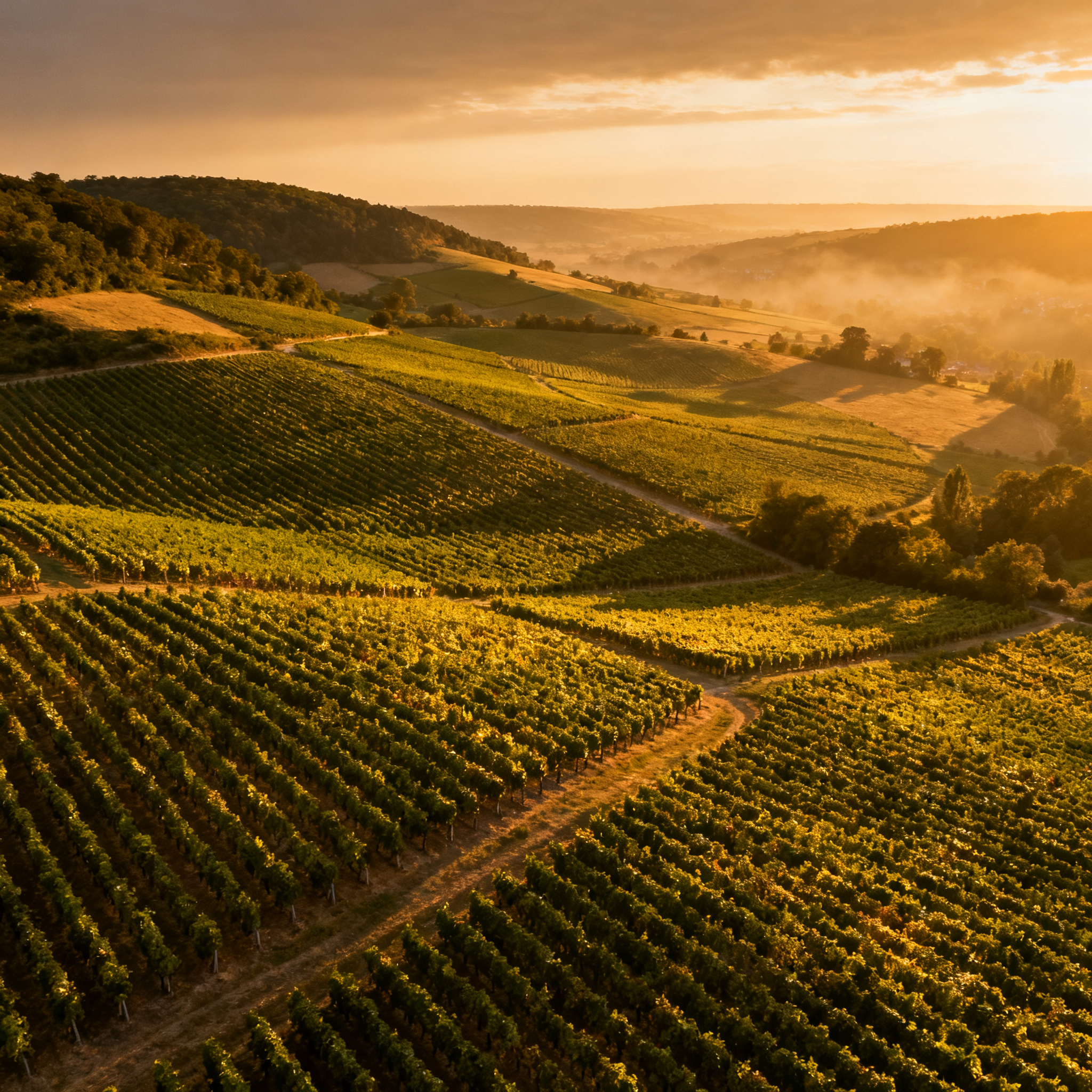 Vue aérienne vignobles Bourgogne Côte-d-Or au coucher du soleil — prix records 2025