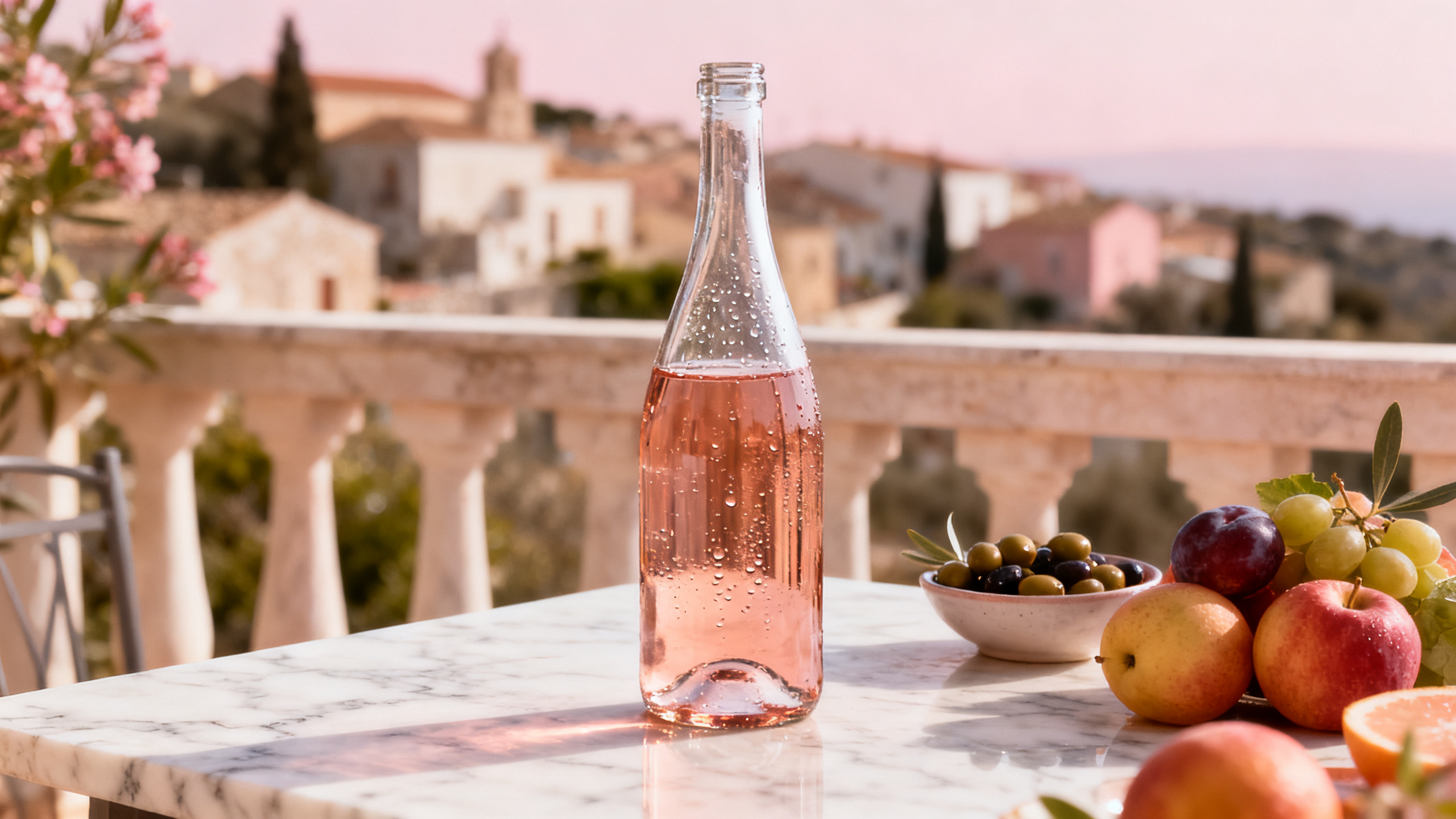 Bouteille de vin rosé pâle sur une table en marbre en terrasse avec vue mer, ambiance apéritif Sud de la France