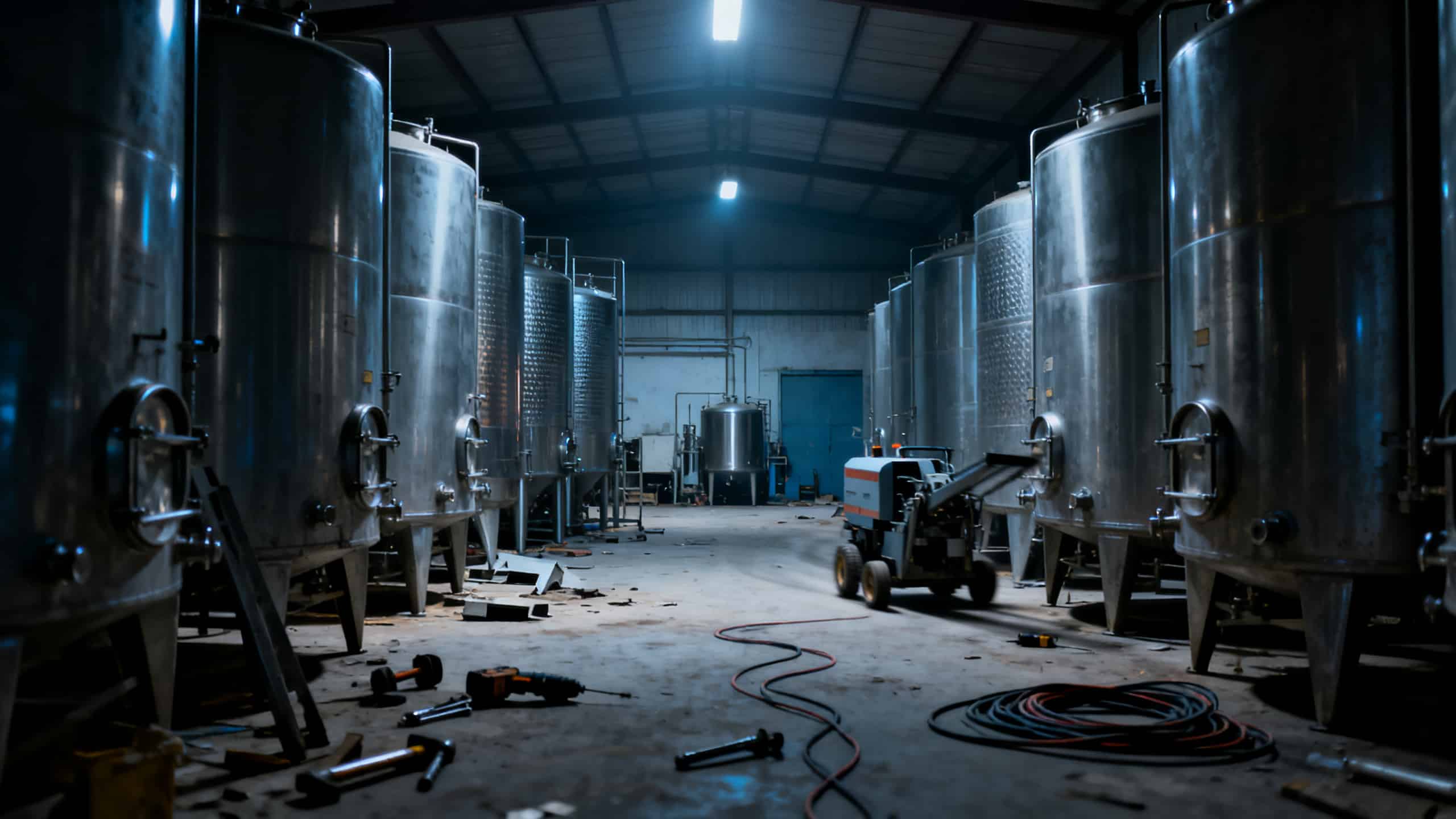 Cuves et équipements de vinification dans une usine française touchée par la crise viticole