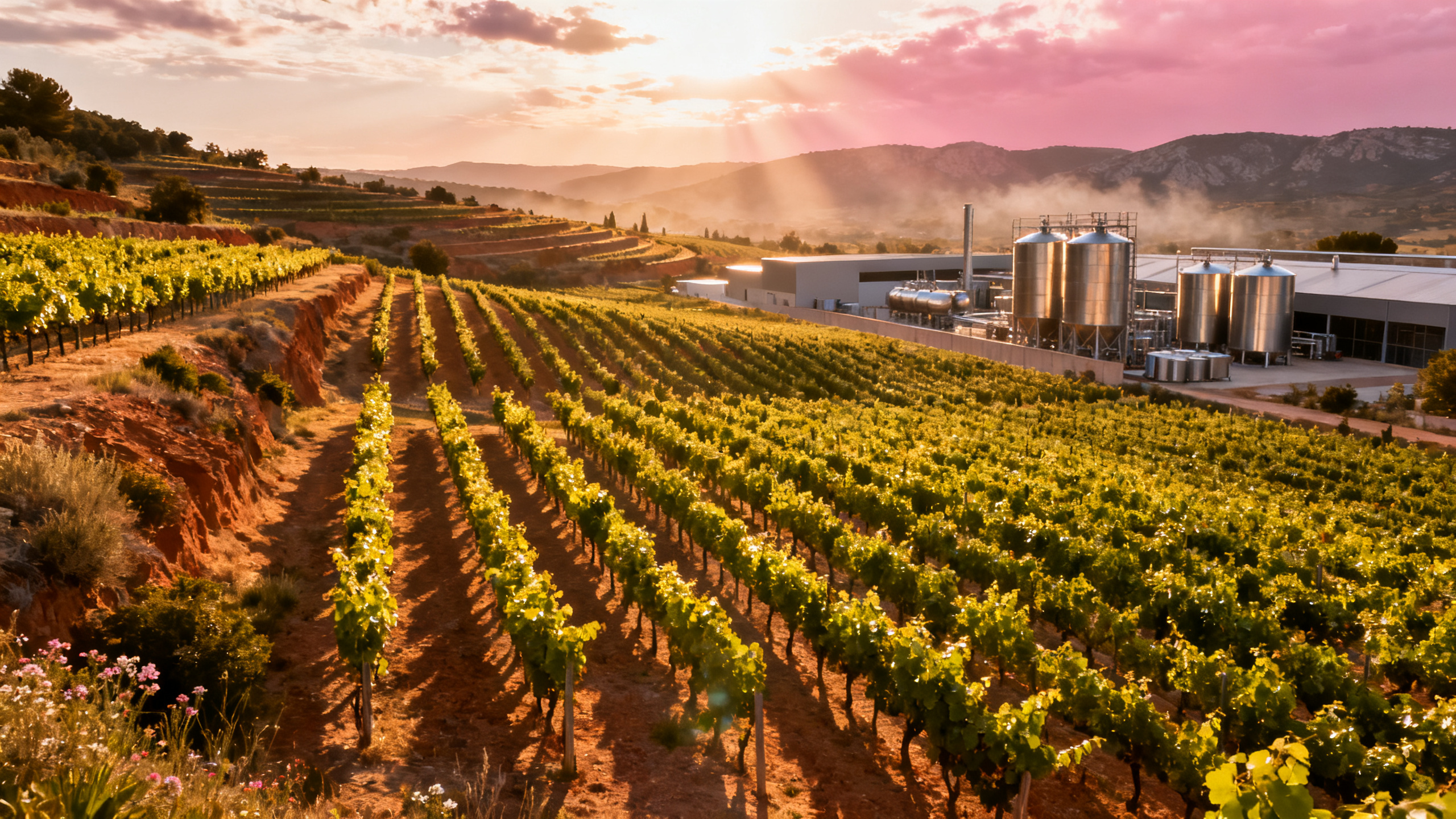 Vue aérienne des vignobles du Roussillon avec installations industrielles de vinification à Rivesaltes