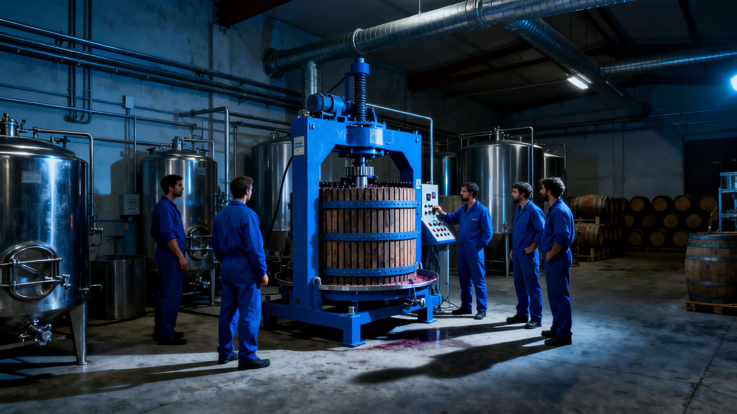 Ouvriers de l'équipementier vinicole Bucher Vaslin devant une presse pneumatique