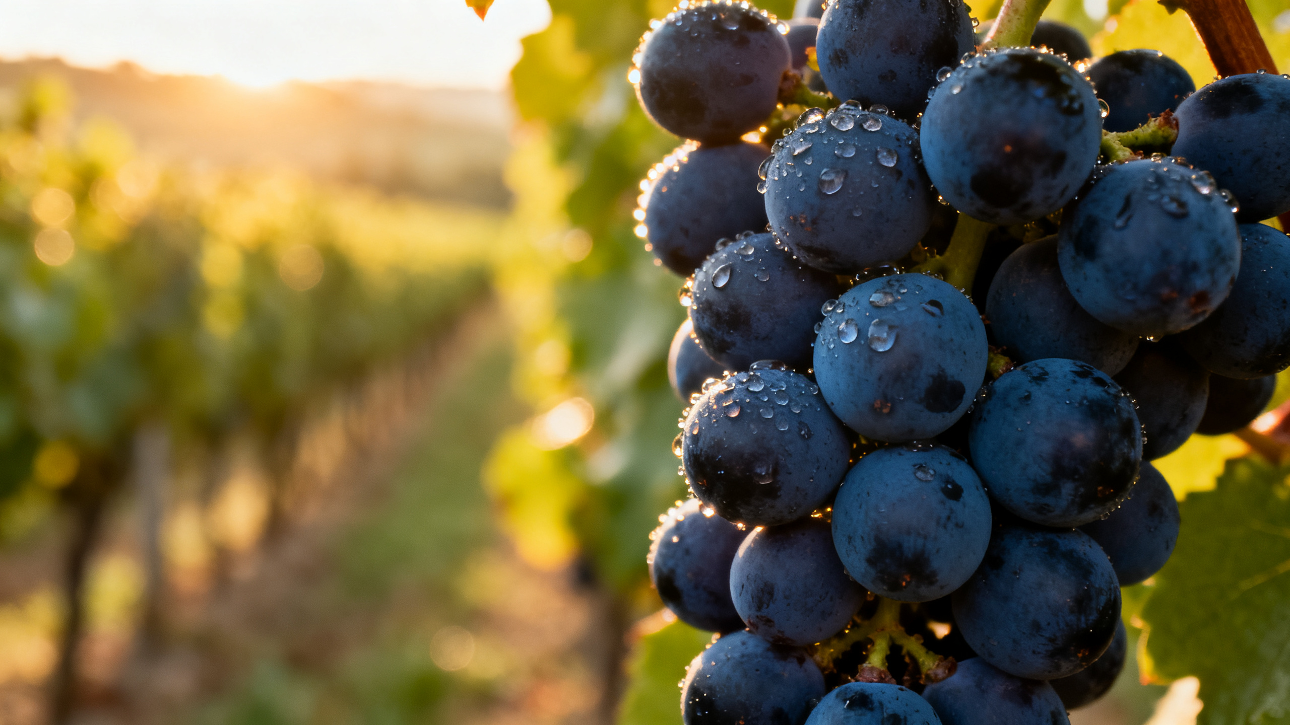 Grappe de Cabernet Sauvignon mature aux baies bleu-noir profond couvertes de rosée matinale dans un vignoble de Pauillac