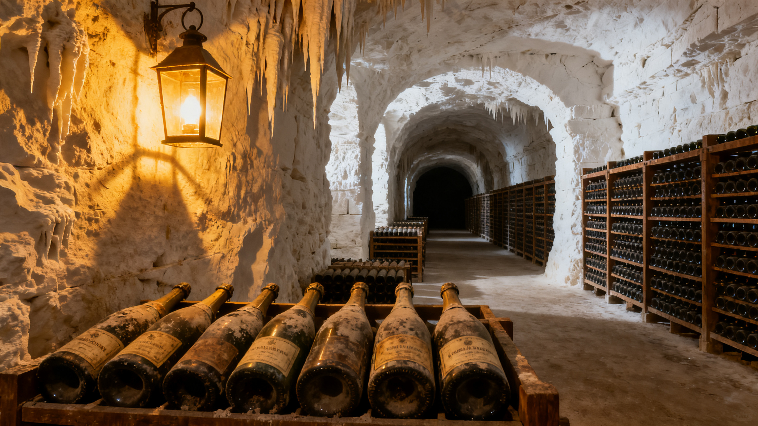 Cave à Champagne taillée dans la craie, bouteilles sur lattes de bois