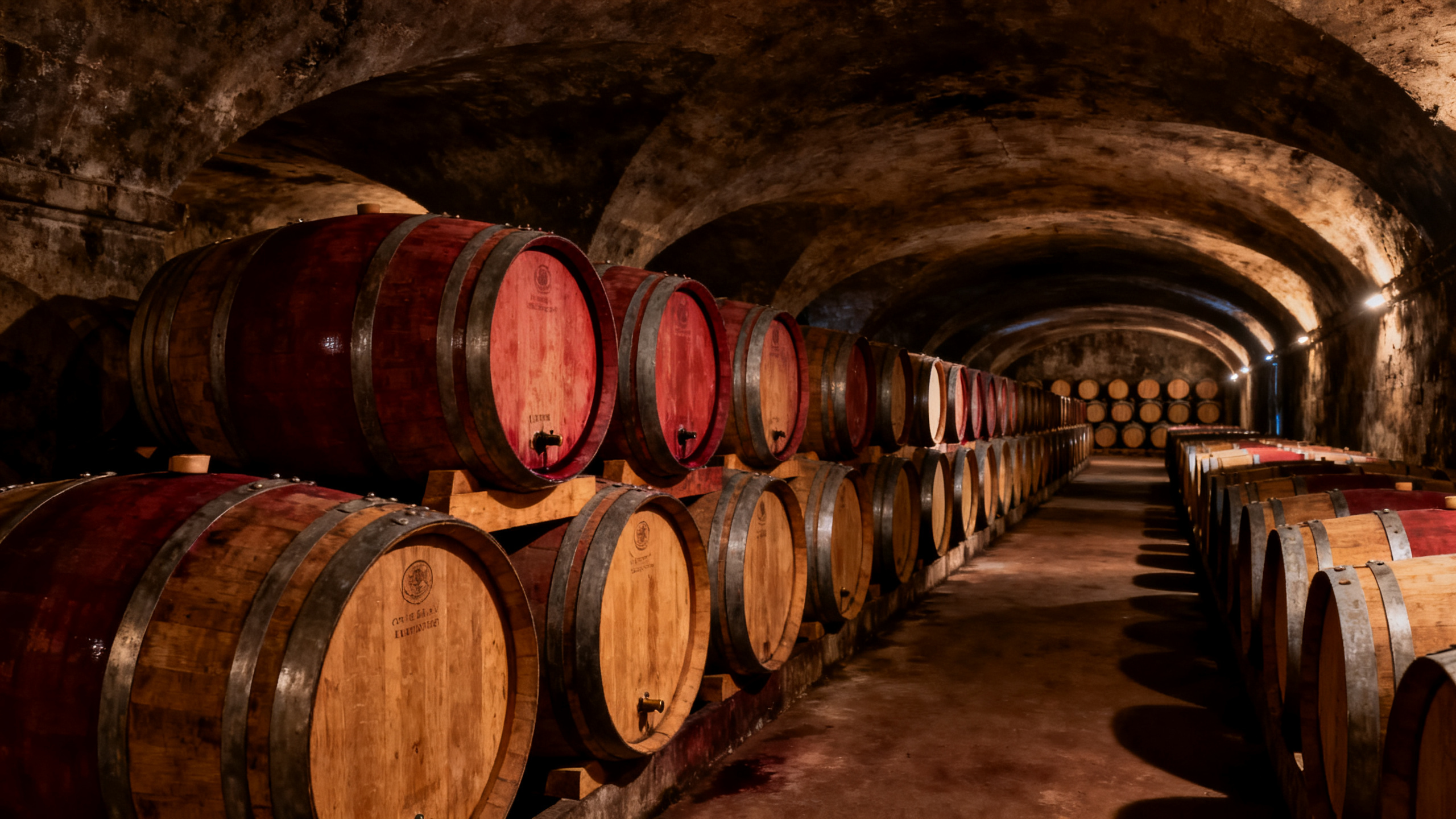 Cave voûtée bordelaise avec rangées de barriques alignées pour le vieillissement du vin