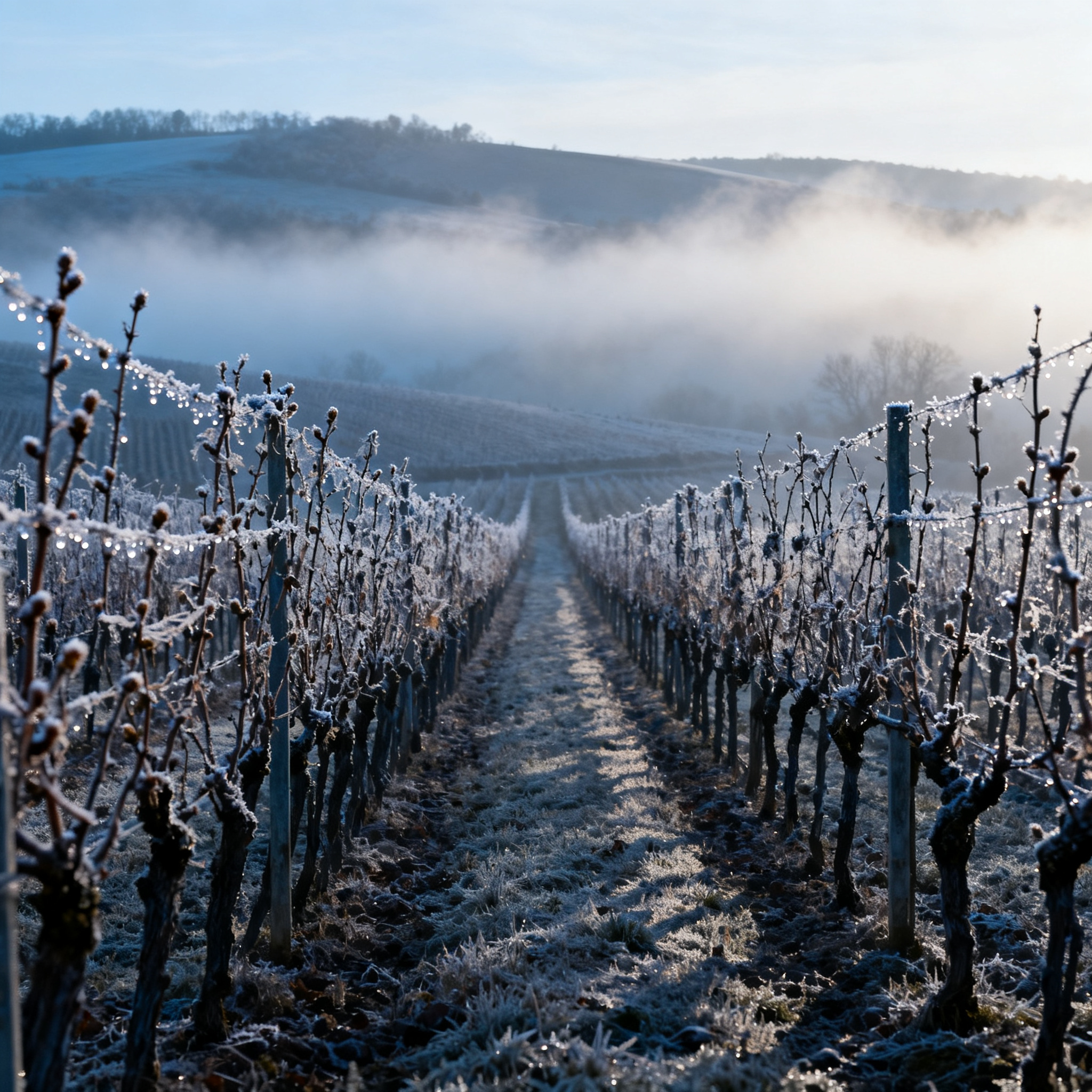 Vignoble de Champagne avec dégâts de gel au printemps 2026, coteaux près d Épernay