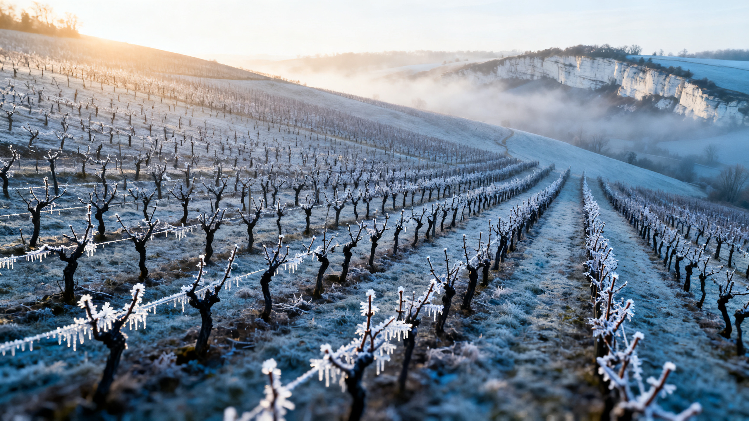 Vignoble champenois touché par le gel printanier 2026, bourgeons endommagés sur les rangs de Chardonnay