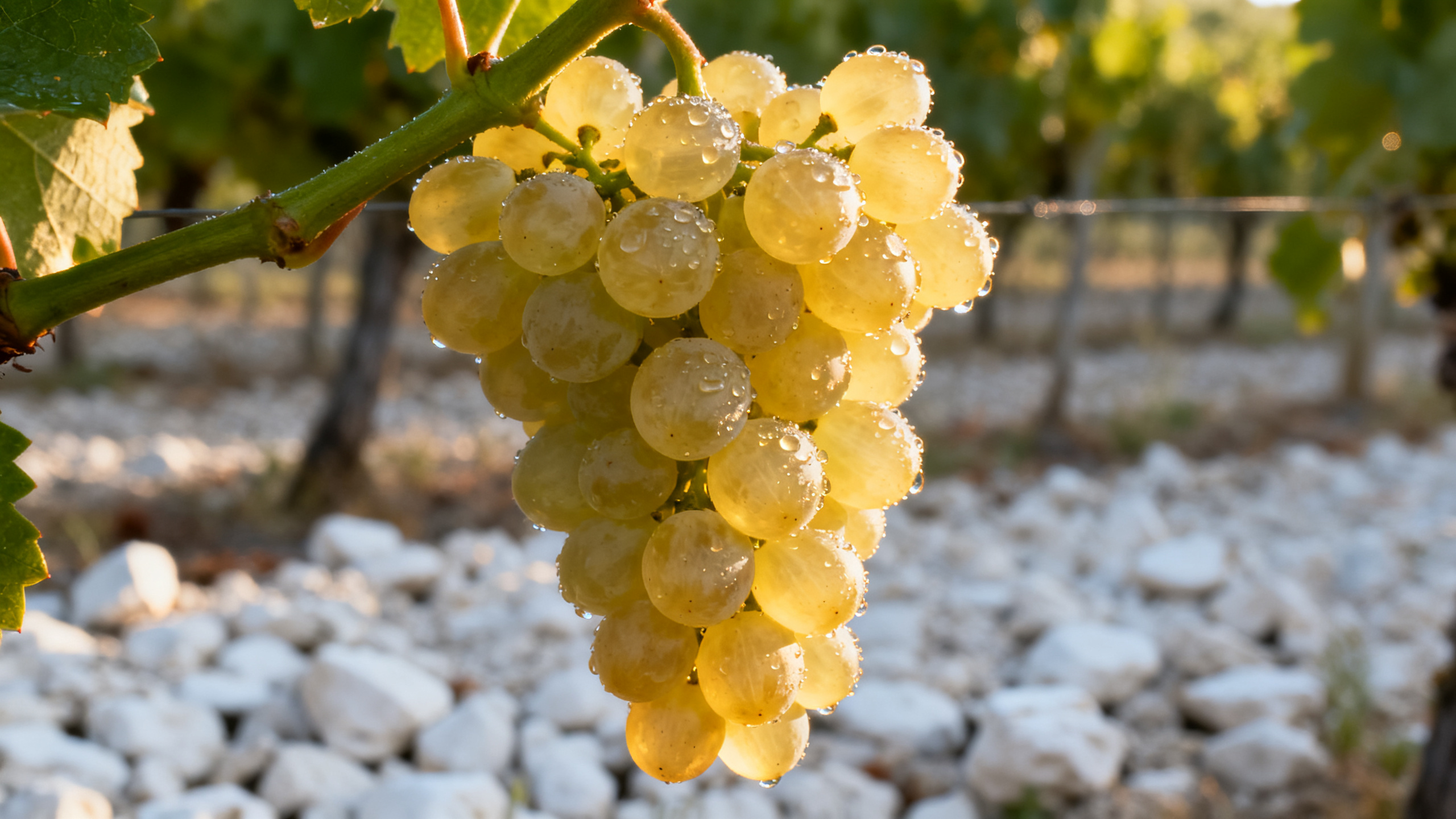 Grappe de Chardonnay mature couverte de rosée du matin sur pied de vigne en Bourgogne, calcaire blanc en arrière-plan