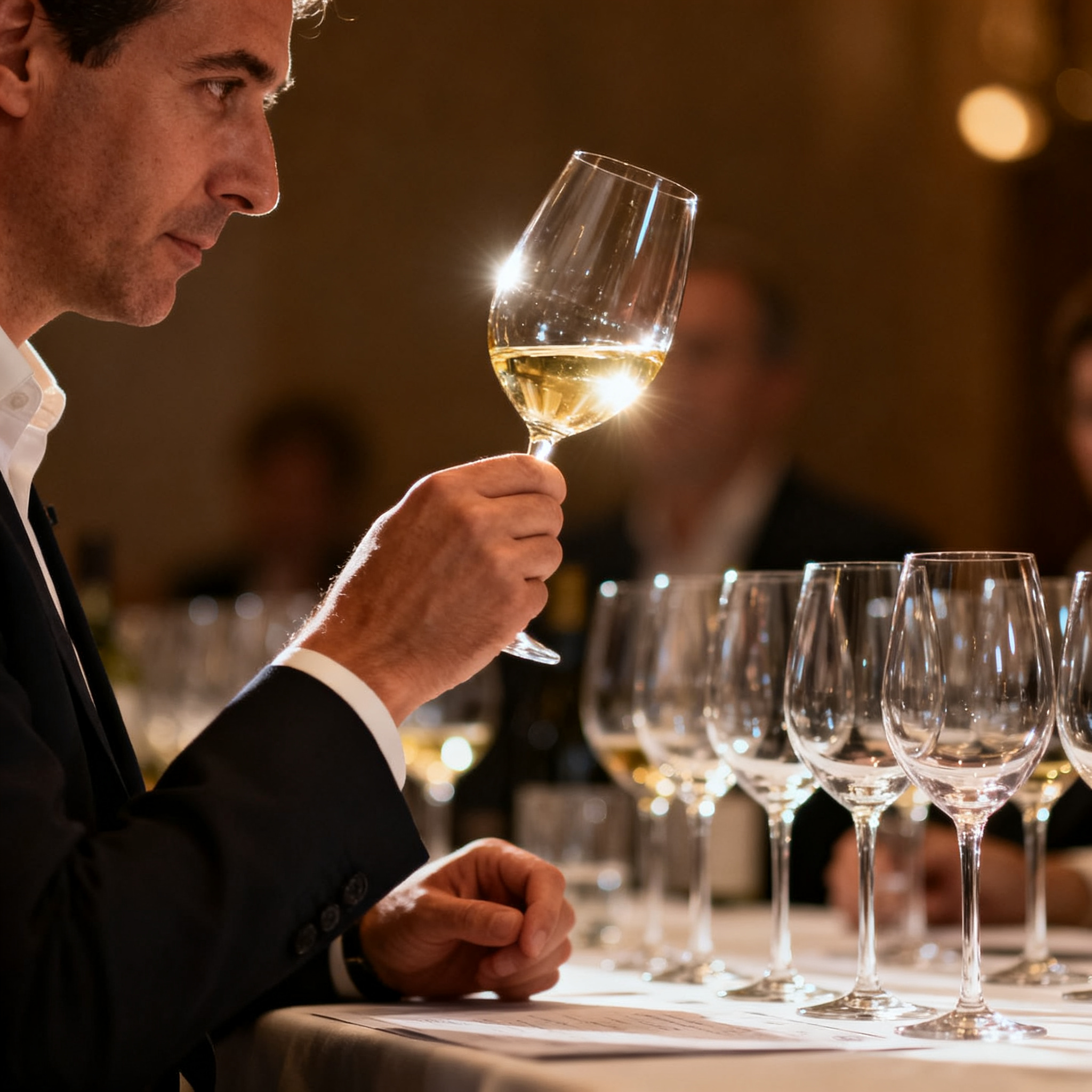 Expert sommelier en dégustation à l'aveugle de vins Chardonnay lors de l'Icon Tasting 2026