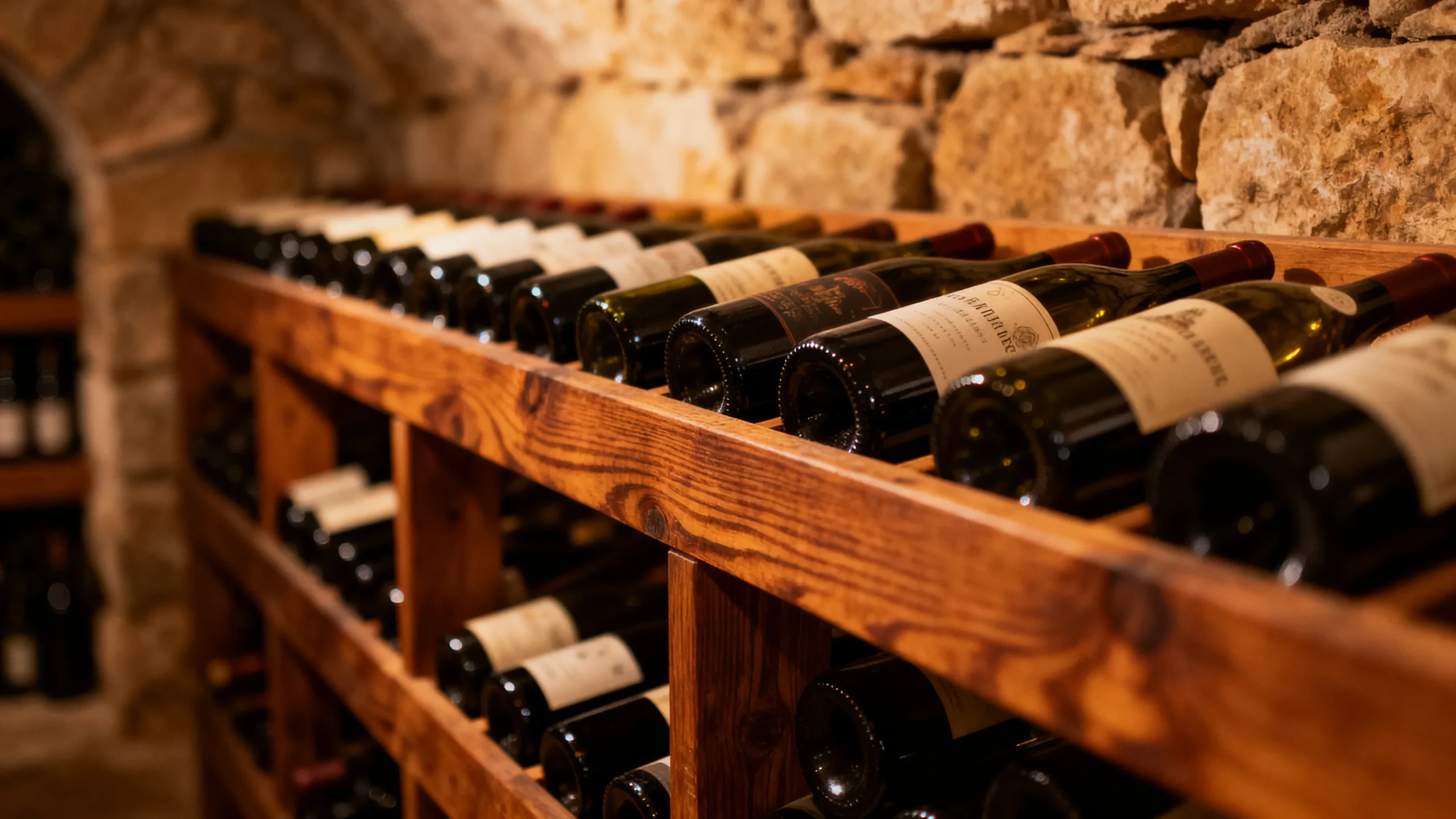Bouteilles de vin rangées horizontalement sur un casier en bois dans une cave