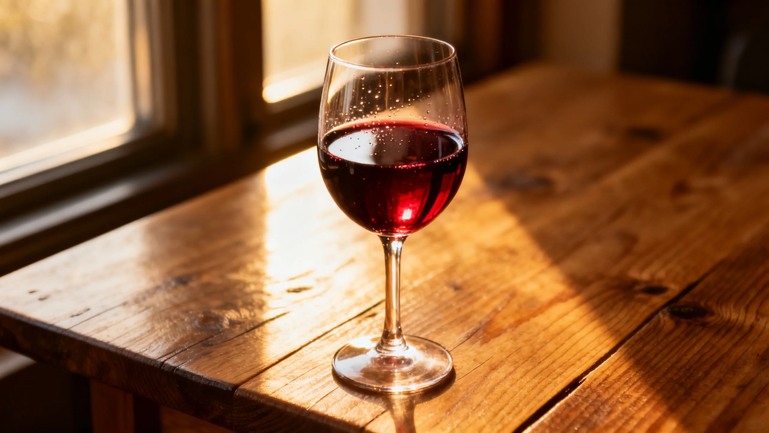 Verre de vin rouge posé sur une table en bois, lumière naturelle