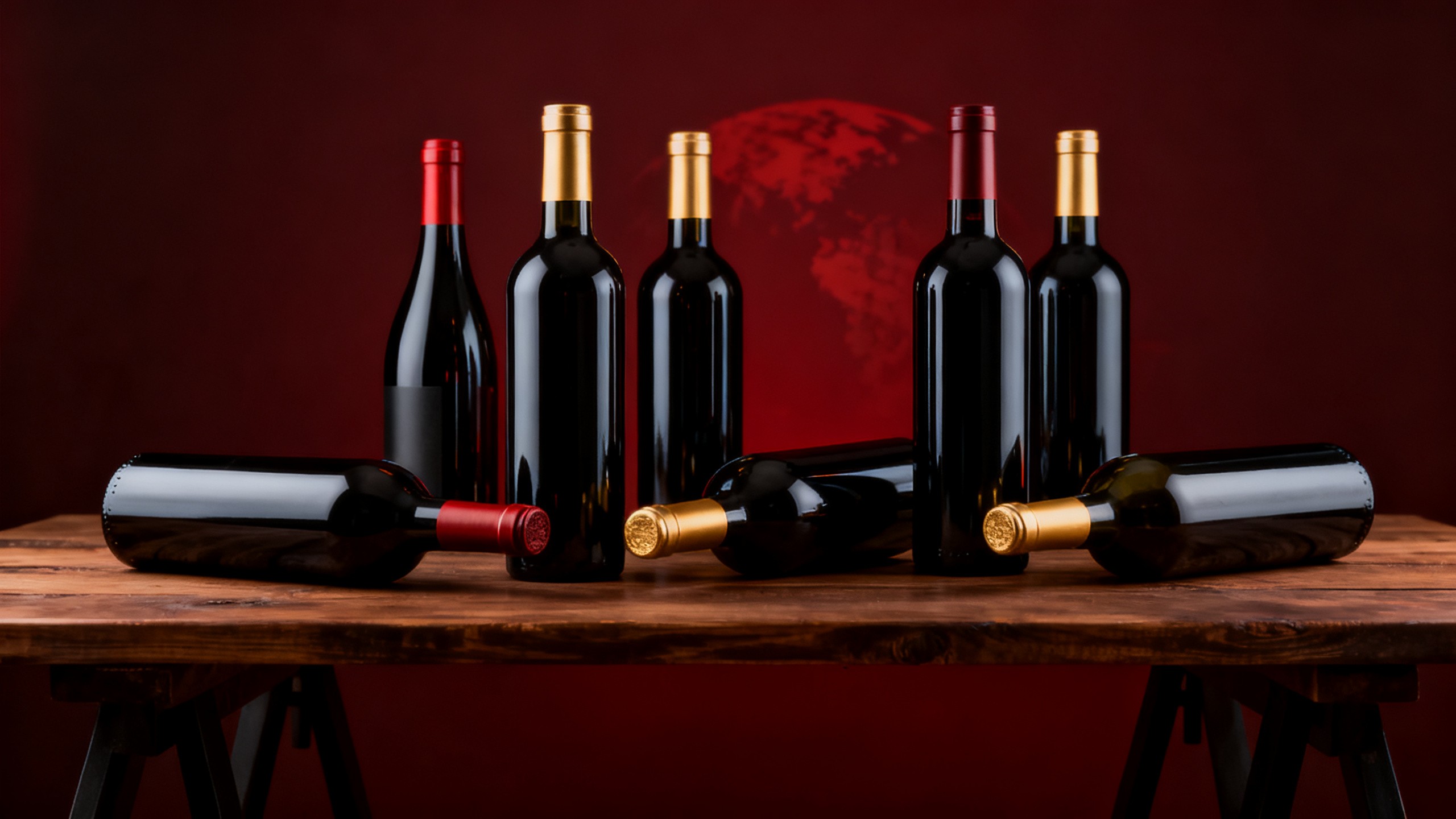 bouteilles de vin sur table représentant les marchés mondiaux vin 2025