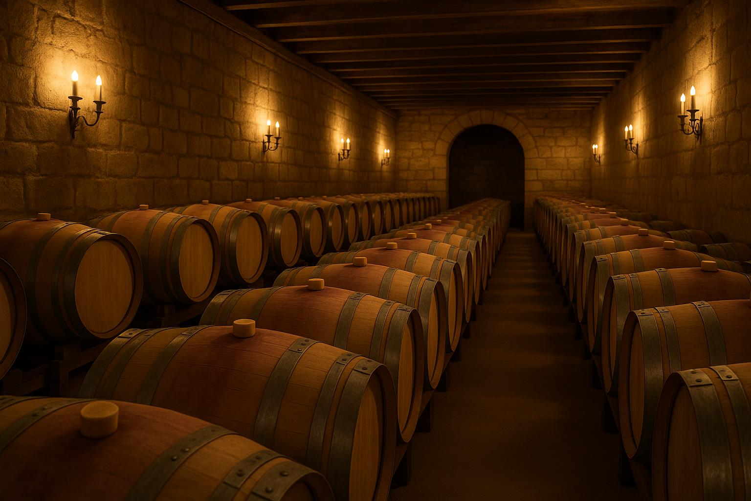 Cave de vieillissement avec barriques en chêne français au Château Cos d'Estournel, Saint-Estèphe