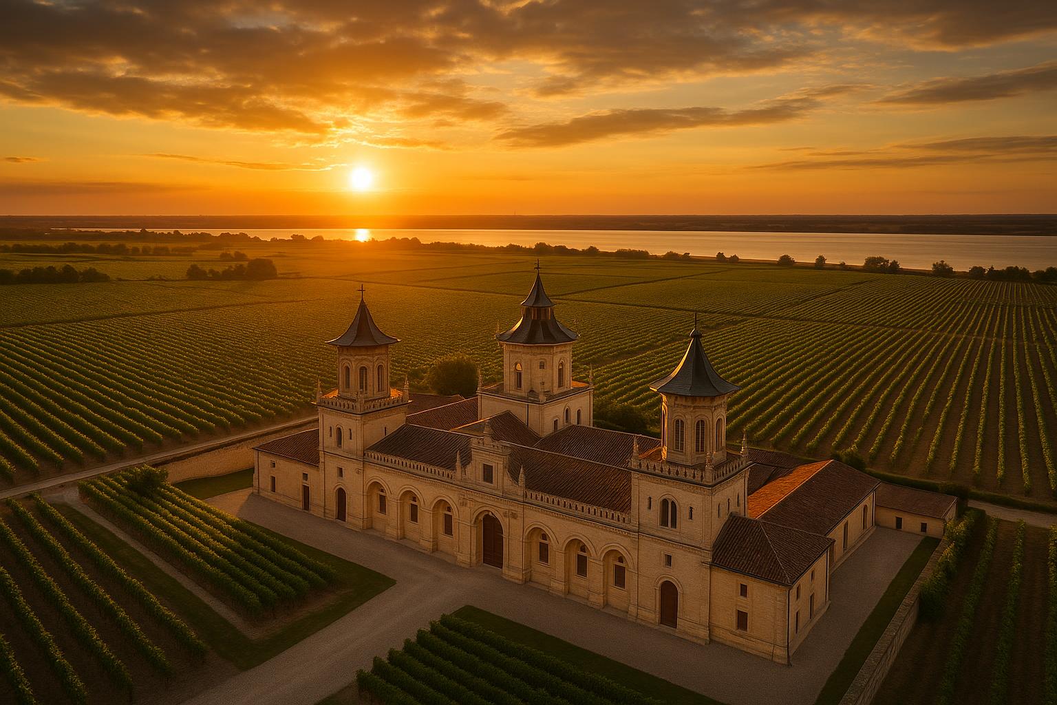 Vue aérienne de Château Cos d'Estournel avec ses pagodes orientales au coucher de soleil, Médoc