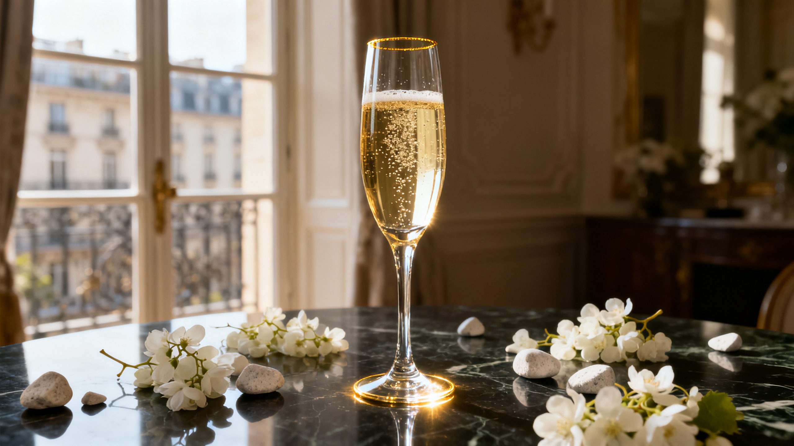 Flûte de Champagne élégante avec bulles fines et lumière dorée
