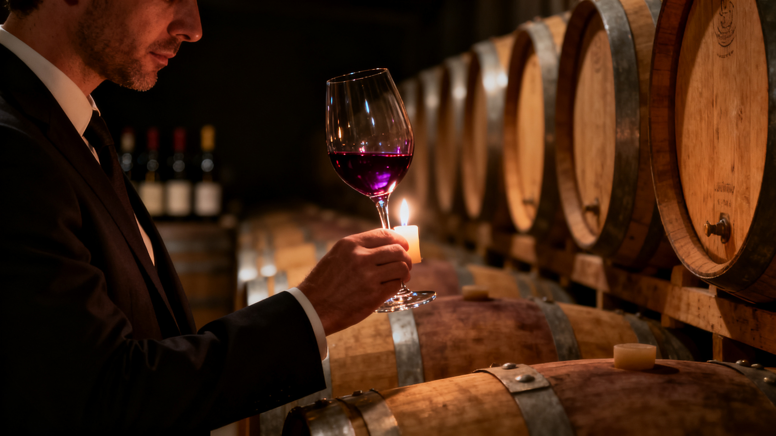 Sommelier examinant un verre de vin rouge primeur Bordeaux 2025 dans un chai à barriques en chêne neuf
