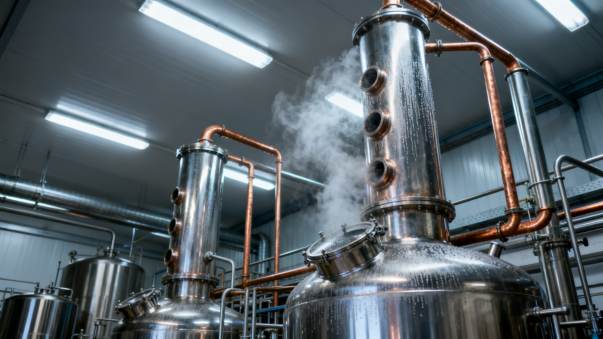 Intérieur d une distillerie industrielle française avec colonnes de distillation en inox et tuyauterie cuivre