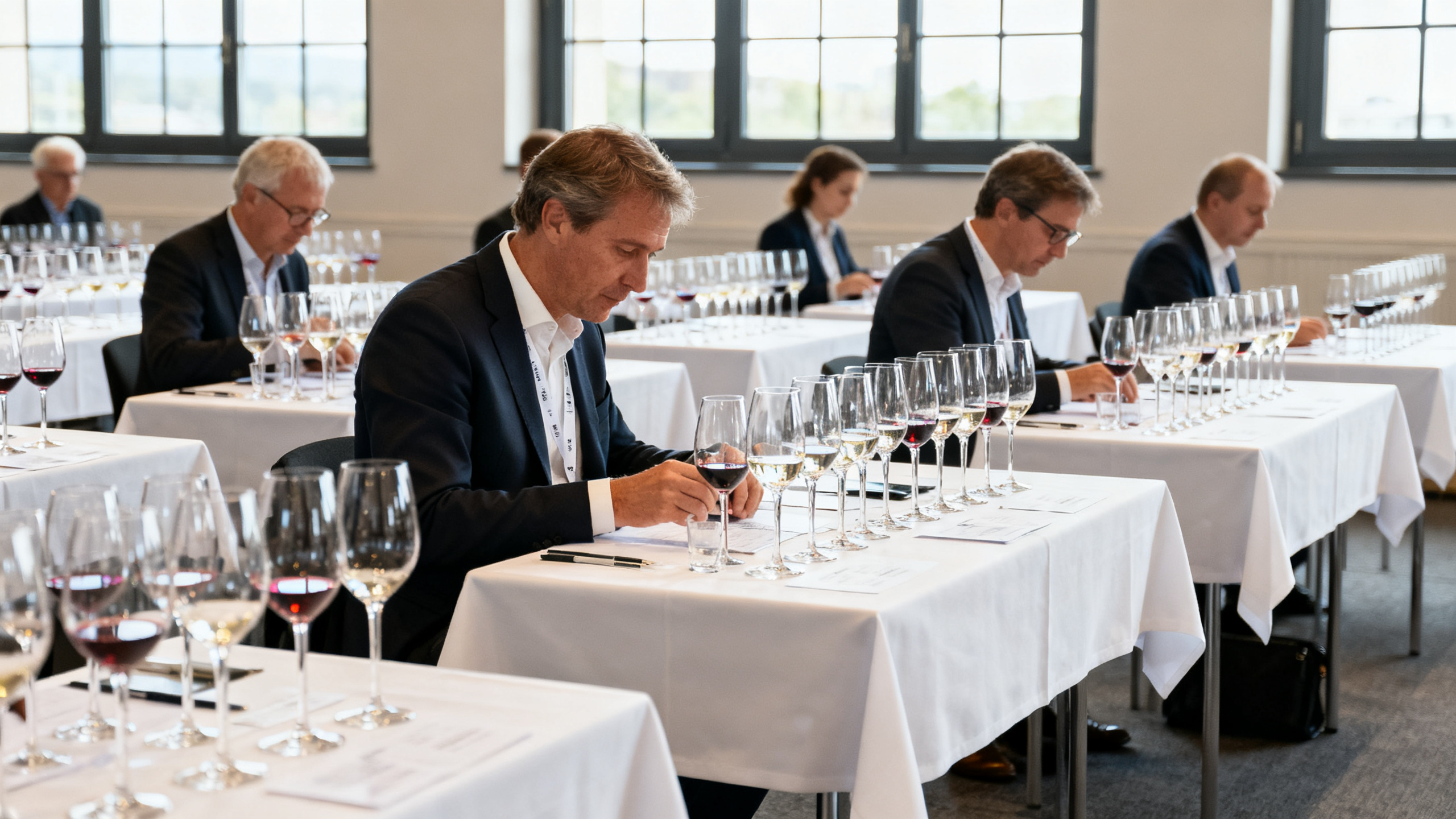 Salle de dégustation DWWA 2026 — juges experts évaluant les vins à l'aveugle