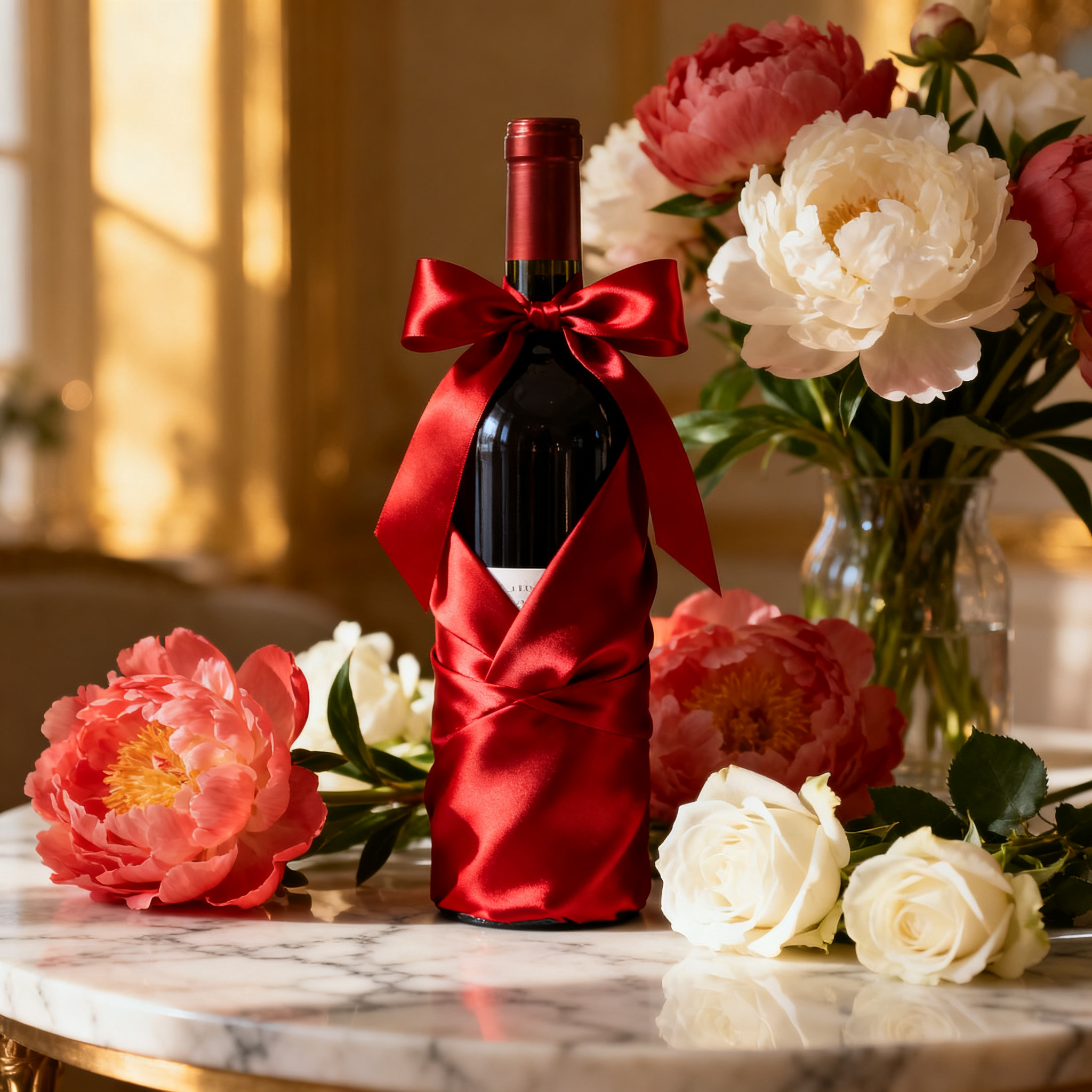 Bouteille de vin enrubannée pour la Fête des Mères 2026, entourée de pivoines et de roses blanches