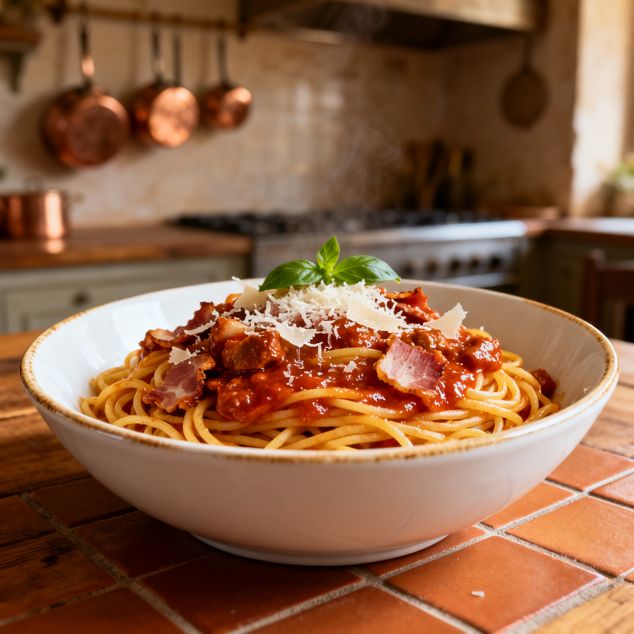 Pâtes à l'amatriciana avec guanciale et pecorino, accord classique avec le Montepulciano d'Abruzzo