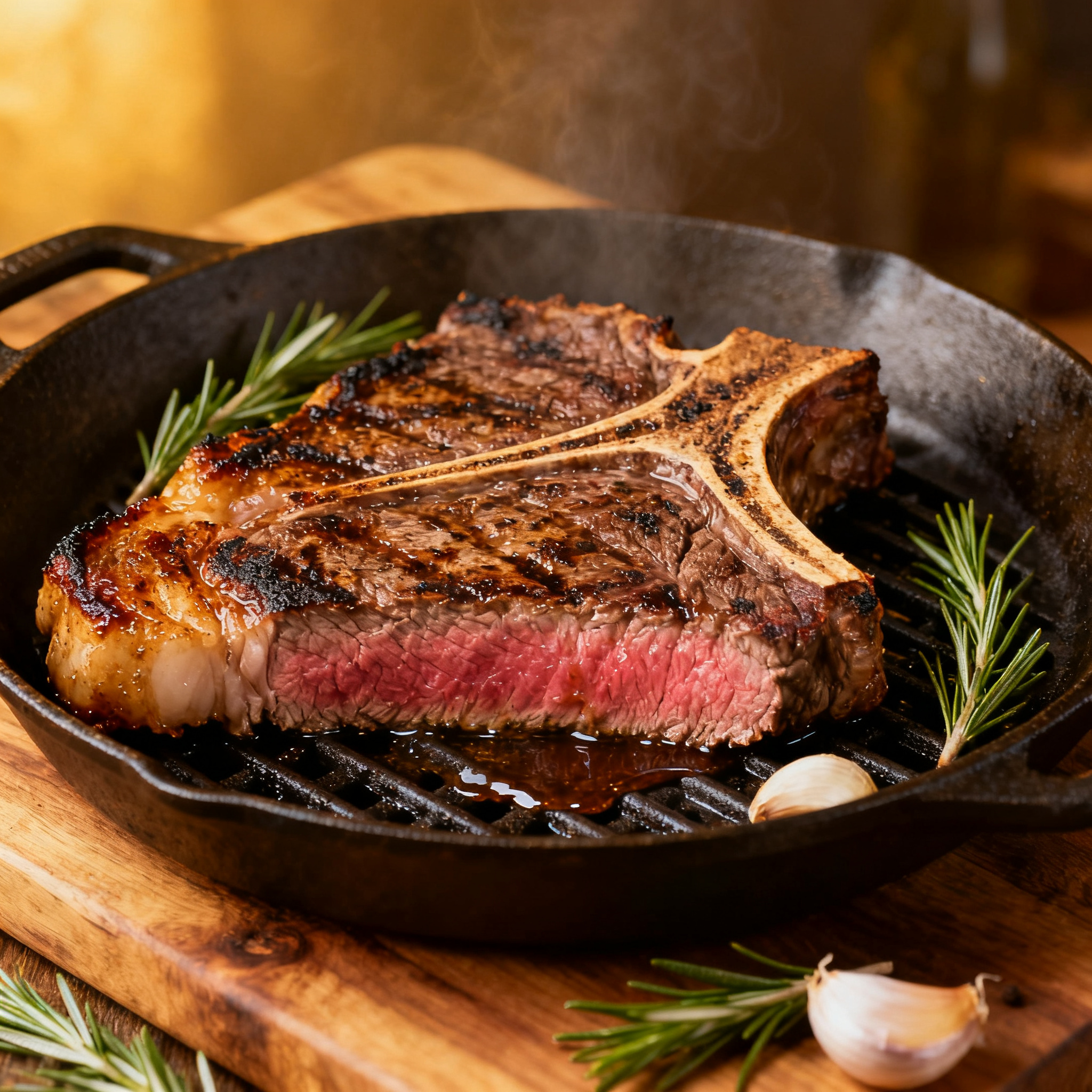 Bistecca grillée sur gril en fonte avec romarin, accord idéal avec les rouges italiens structurés