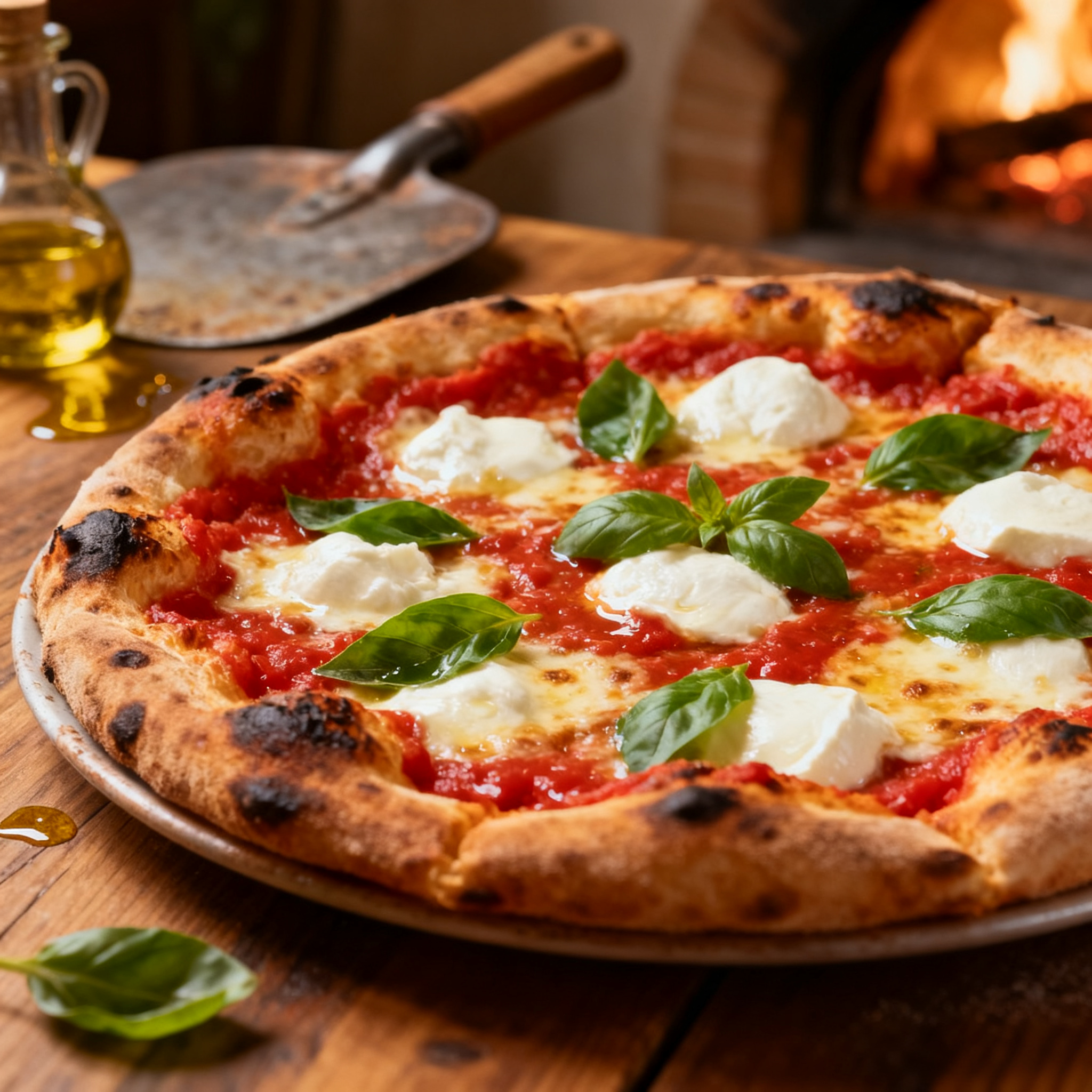 Pizza napolitaine margherita sortant du four à bois, accord avec les vins rouges italiens