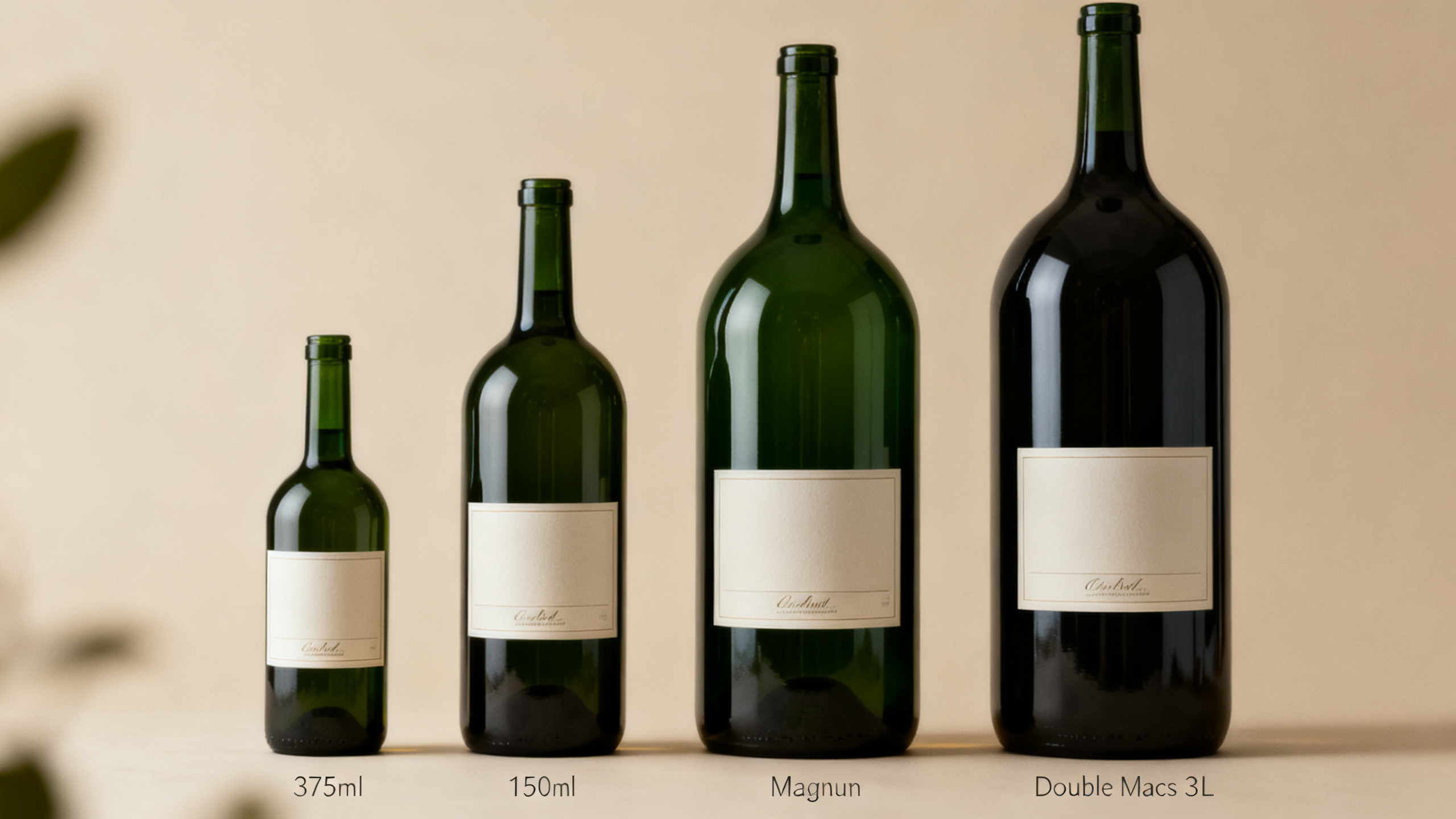 Comparatif des formats de bouteilles de vin : demi 37,5 cl, standard 75 cl, magnum 1,5 L, double magnum 3 L
