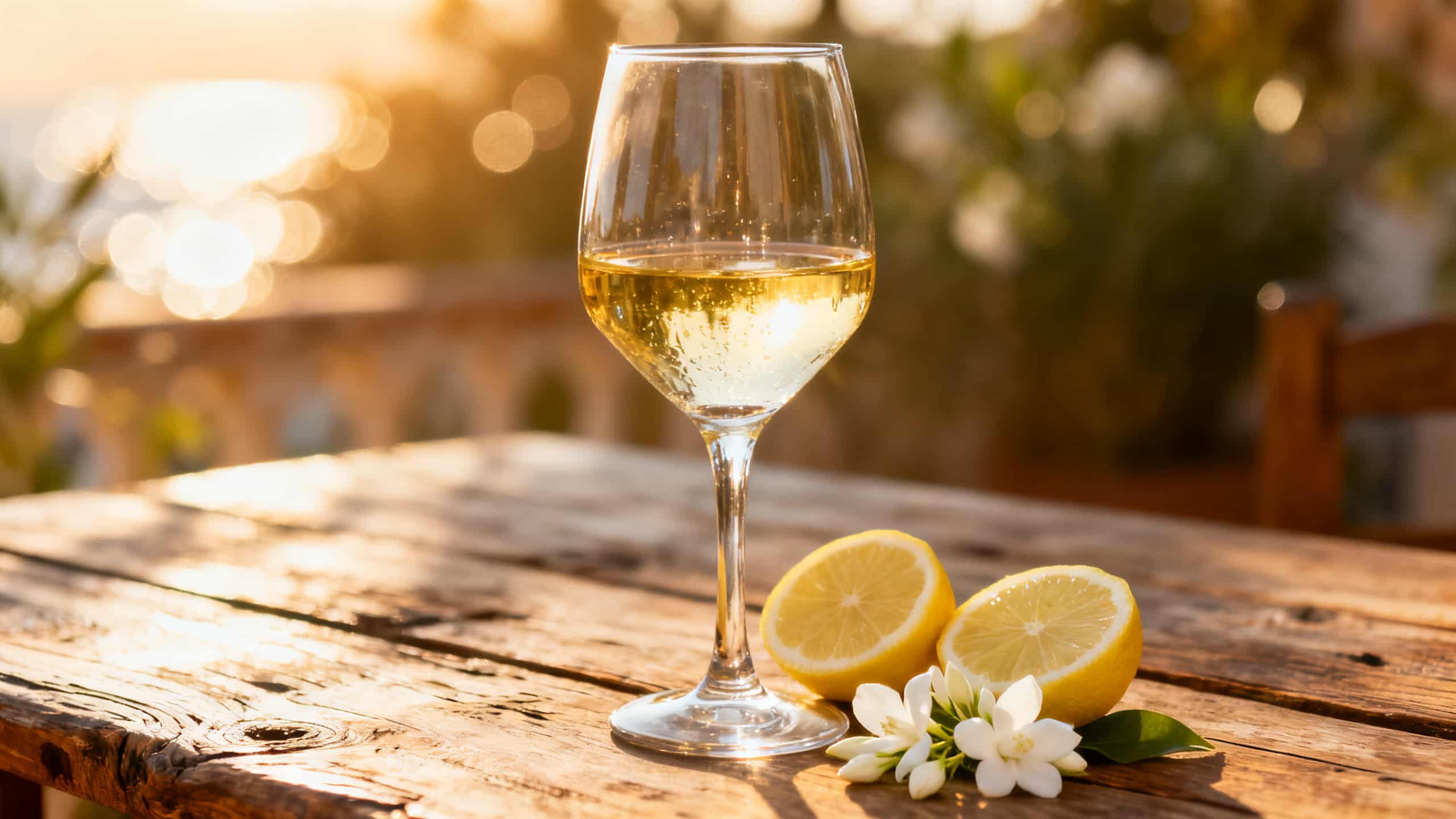 Verre de Garnacha Blanca sur une table espagnole avec citrons et fleurs blanches