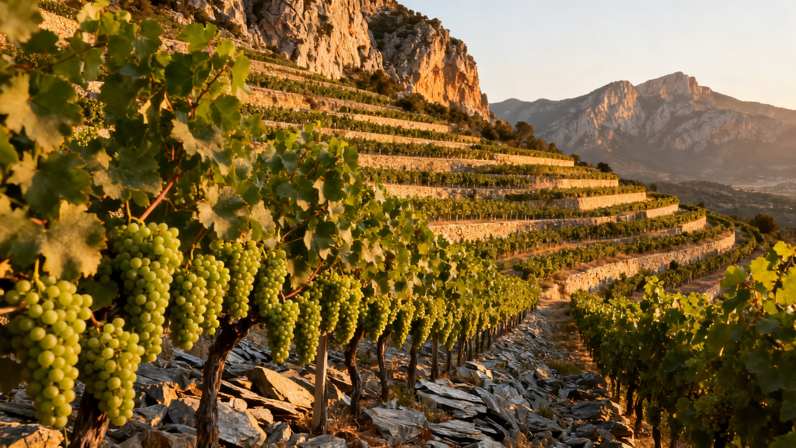 Vignoble de Garnacha Blanca sur les terrasses de schiste de Terra Alta en Catalogne Espagne