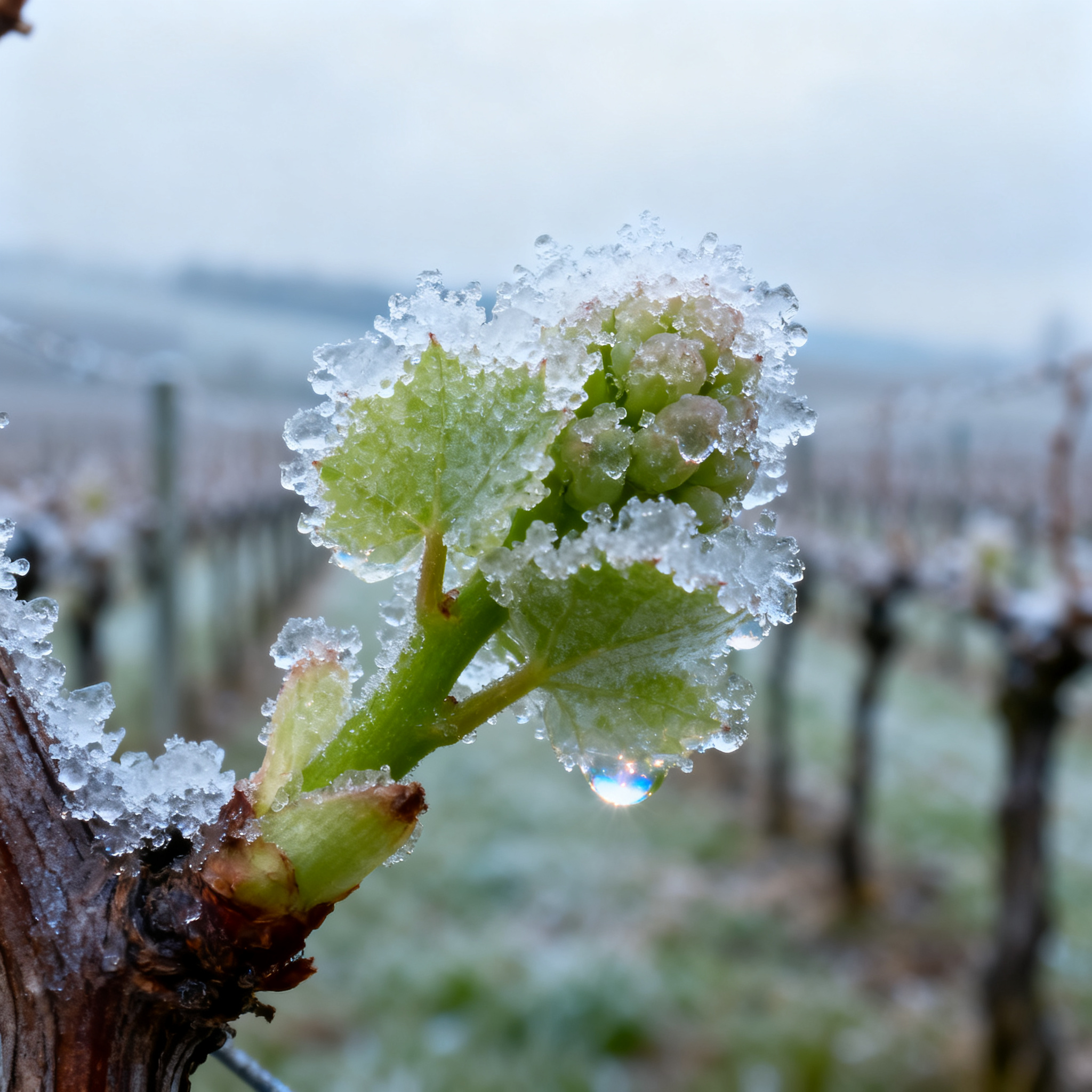 Bourgeon de vigne gelé après la nuit des saints de glace