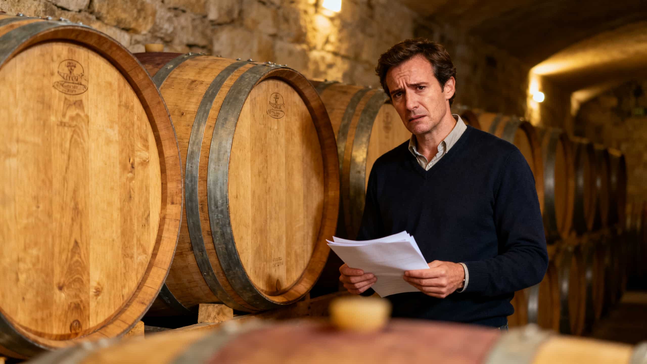 Vigneron bordelais devant ses barriques, inquiet des conséquences de la liquidation H&A Location