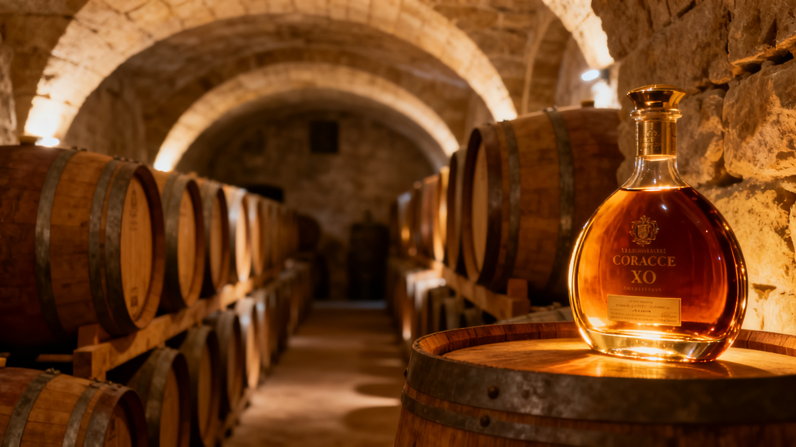 Chai de vieillissement avec rangées de fûts de chêne et bouteilles de cognac dans une cave voûtée