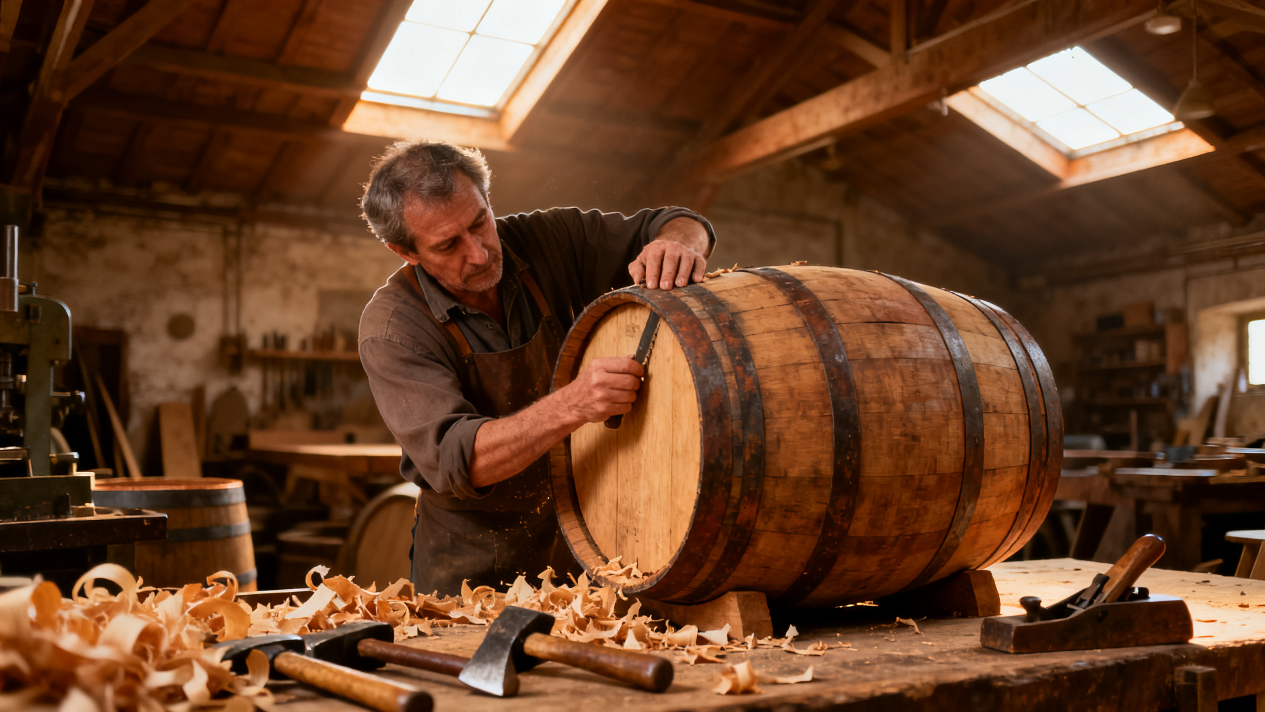 Tonnelier français façonnant un fût de chêne dans un atelier de tonnellerie artisanale