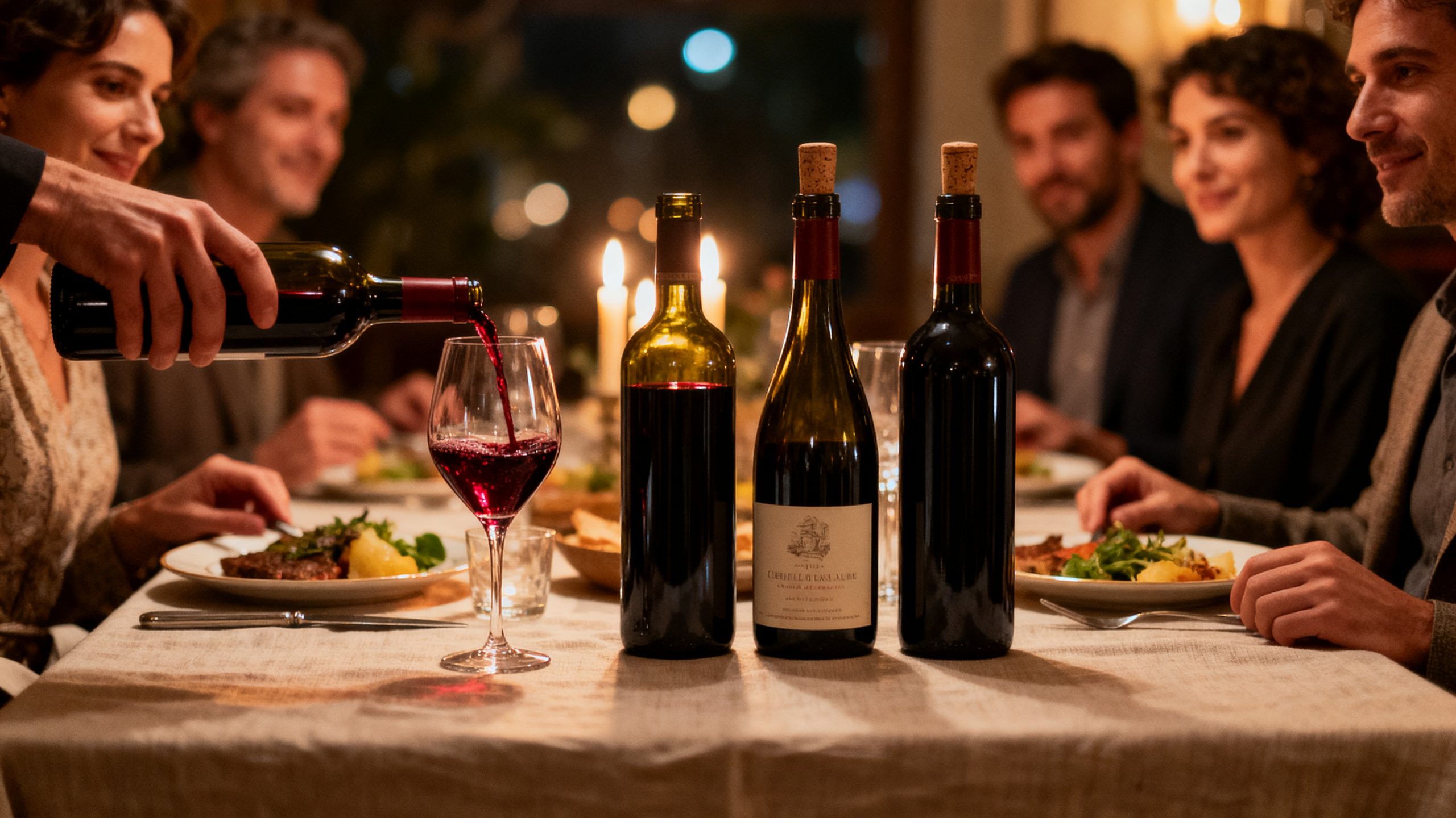 Verres de vin rouge servis sur table dressée pour six convives lors d'un dîner intimiste